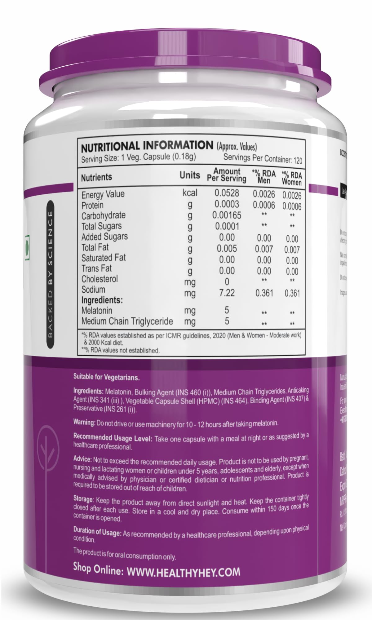 HealthyHey Nutrition Melatonin 120 vegetable capsules 5mg - Promotes Sleep and Relaxation – view 2