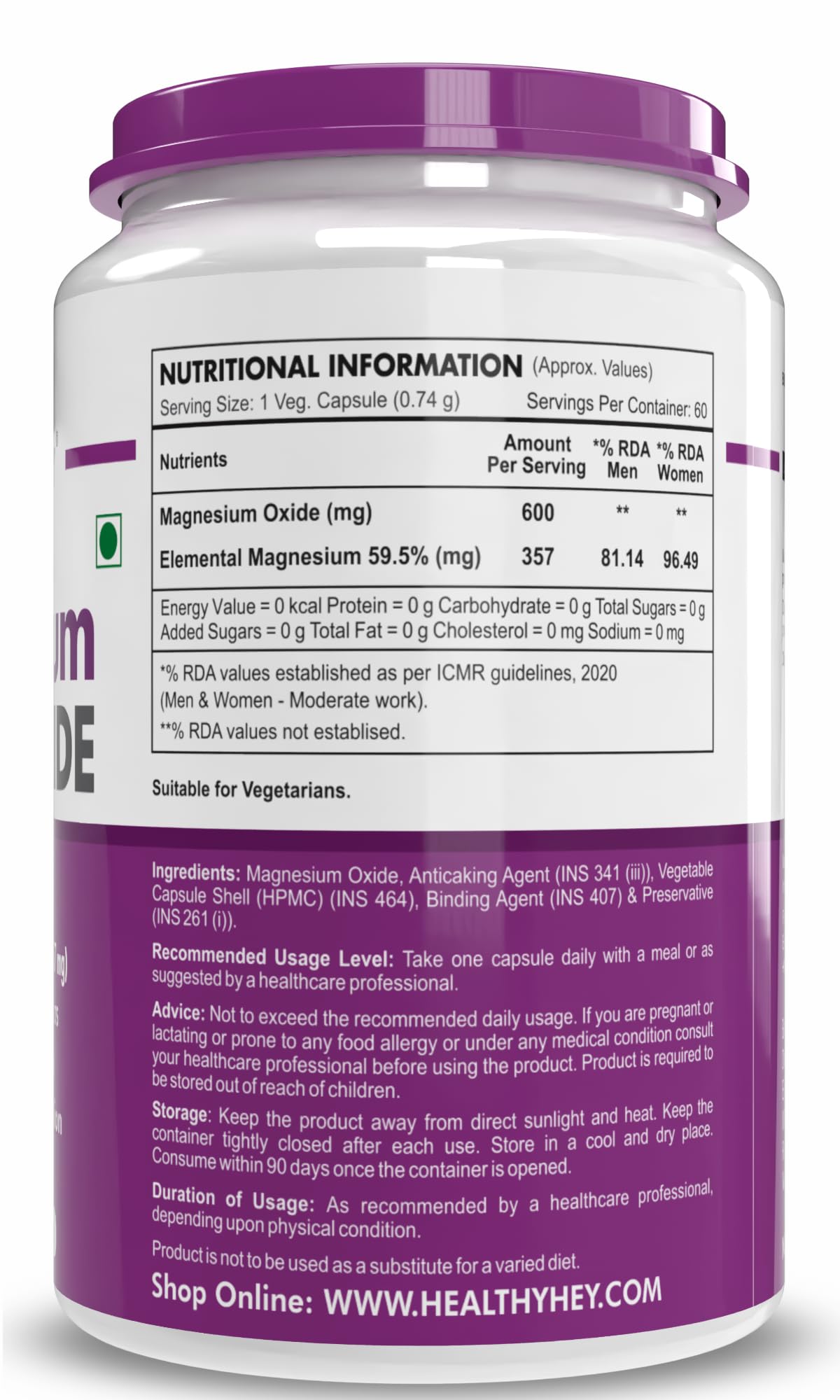 HealthyHey Nutrition Magnesium Oxide - 600mg/serving - 60 Vegetable Capsules – view 2