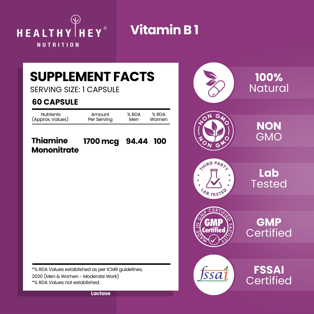 HealthyHey Nutrition Vitamin B1 Thiamine -120 Veg Capsules – view 2