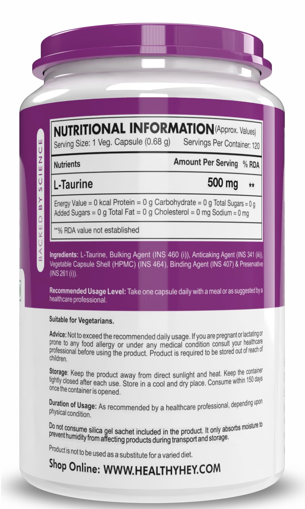 HealthyHey L-Taurine - Amino Acid Supplement - 120 Vegetable Capsules – view 7