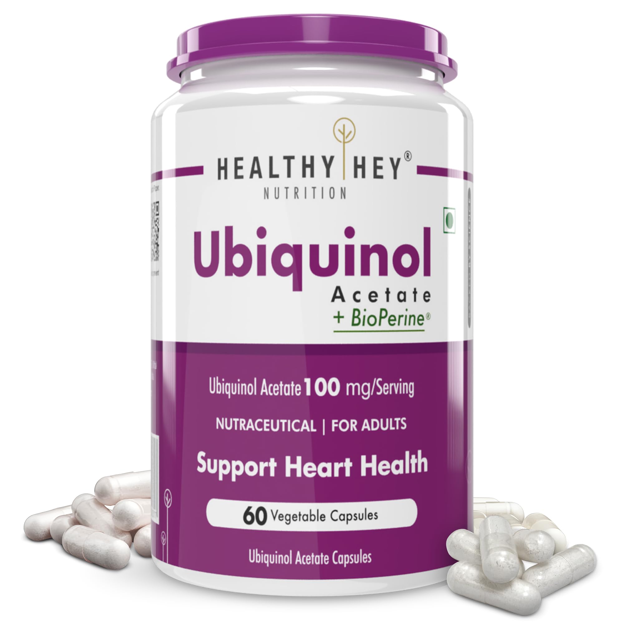 Bottle of HealthyHey ubiquinol acetate adult vegetarian supplement capsules