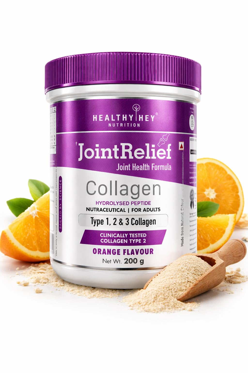 Bottle of HealthyHey collagen peptide powder orange flavor 200 g