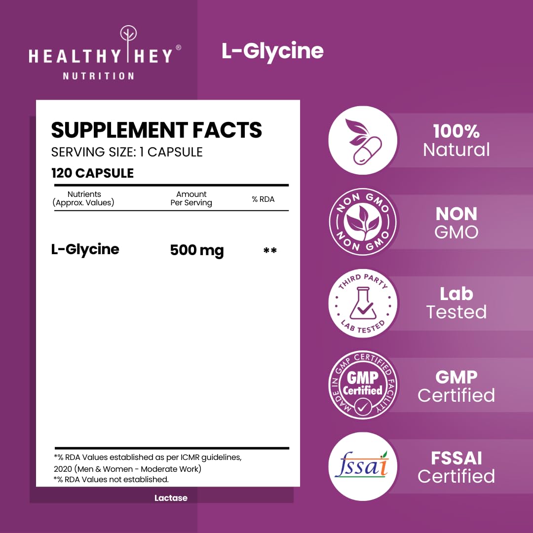 HealthyHey Nutrition L- Glycine - 500 mg - Support Brain and Sleep Health - 120 Veg. Capsules – view 2