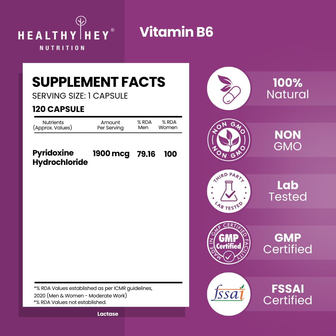 HealthyHey Nutrition Vitamin B6 Pyridoxine -120 Veg. Capsules – view 2