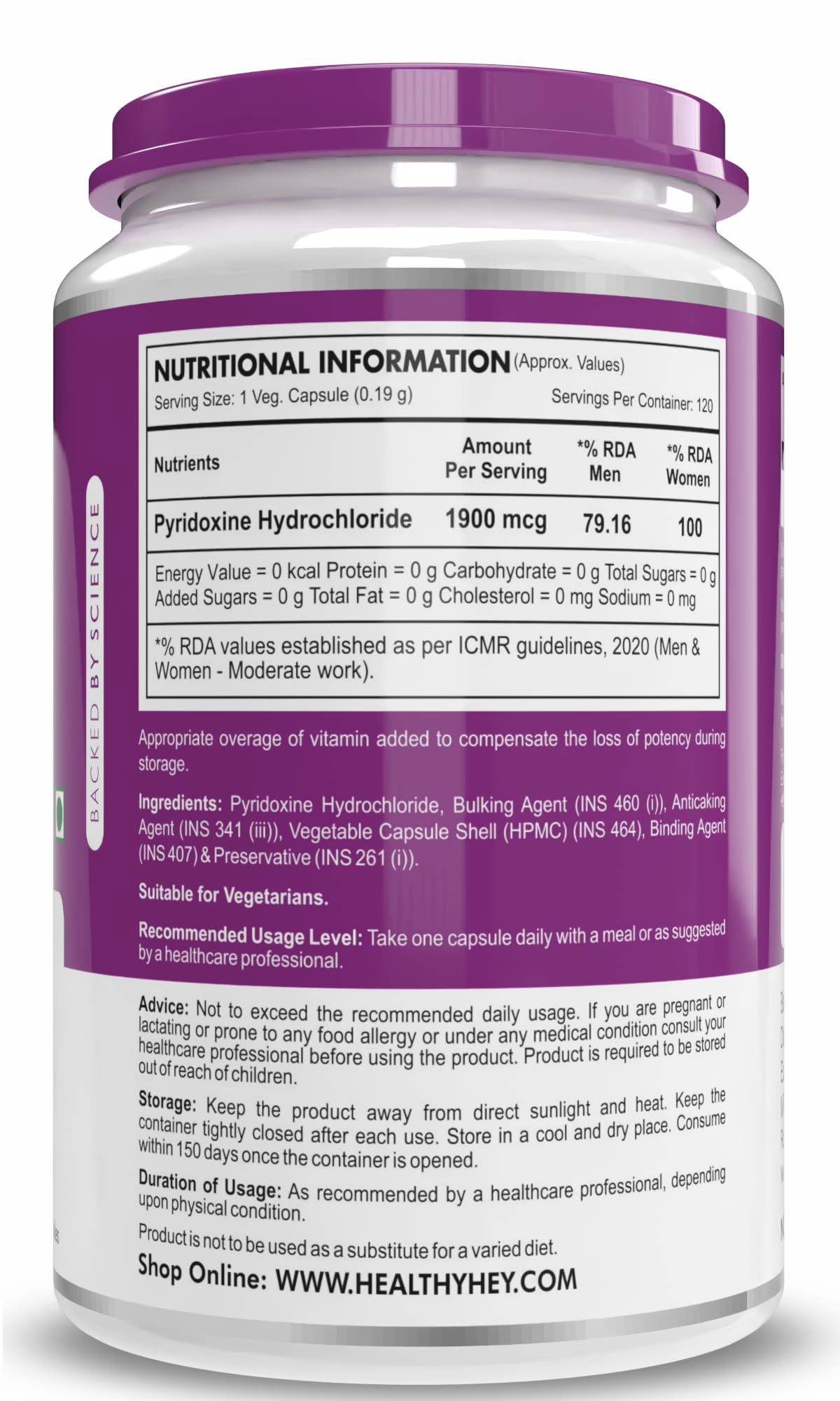 HealthyHey Nutrition Vitamin B6 Pyridoxine -120 Veg. Capsules – view 5
