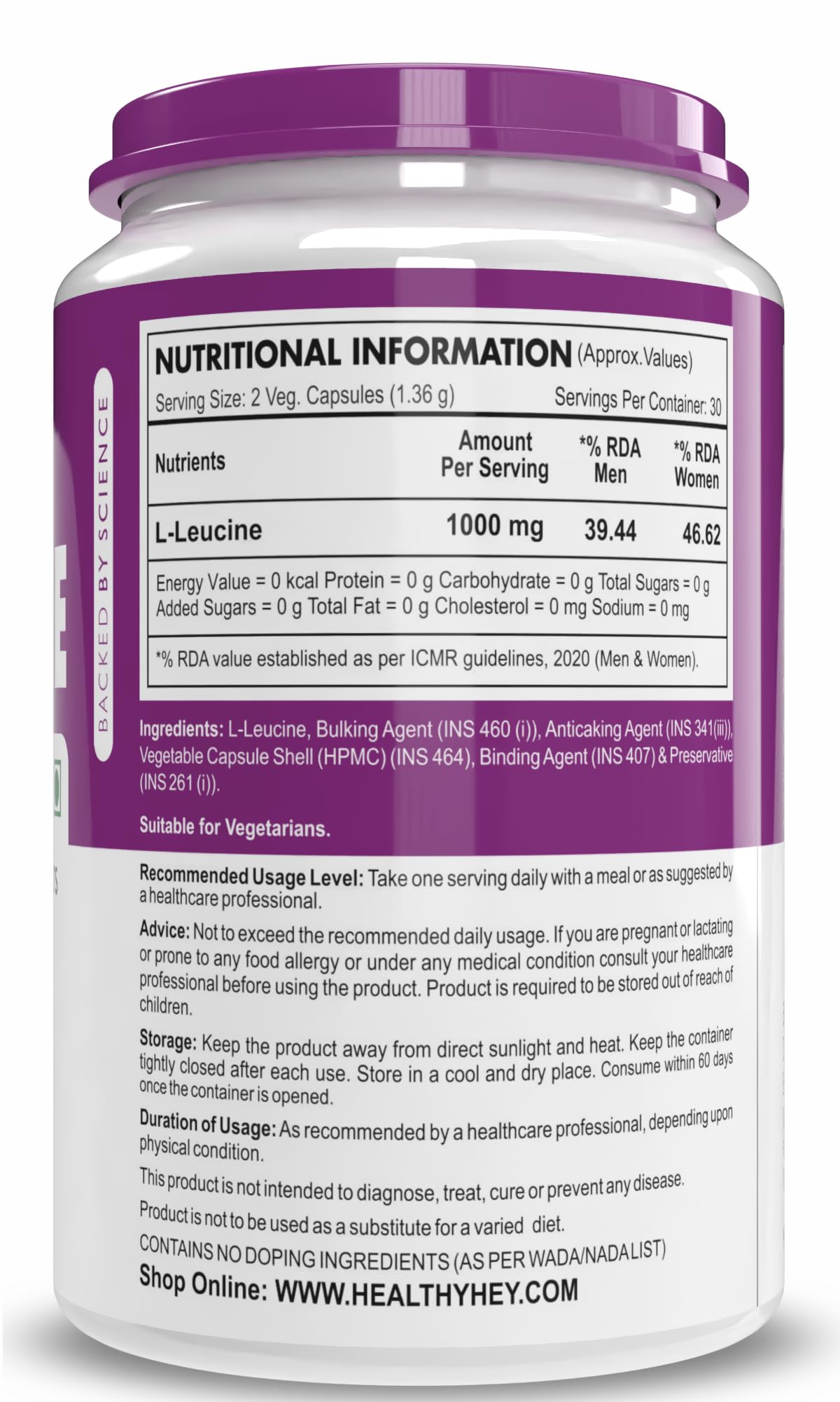 HealthyHey Nutrition L-Leucine 60 Capsules – view 5