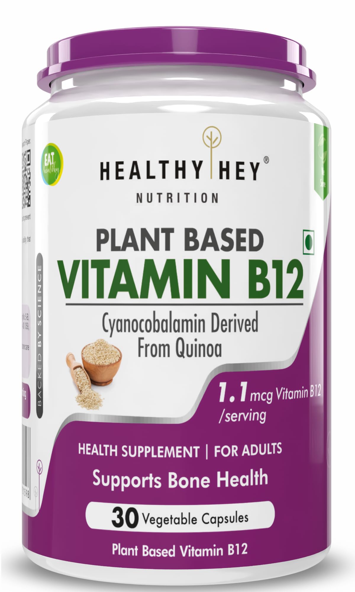 Tub of HealthyHey natural vitamin B12 vegetarian capsules