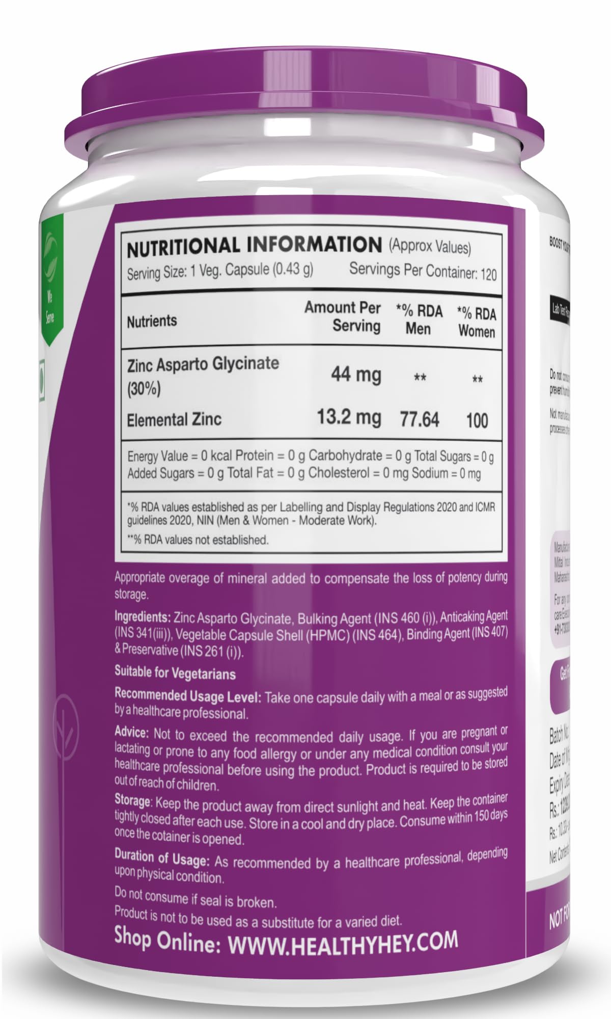 HealthyHey Nutrition Zinc Asparto Glycinate 30% - 120 Capsules – view 7