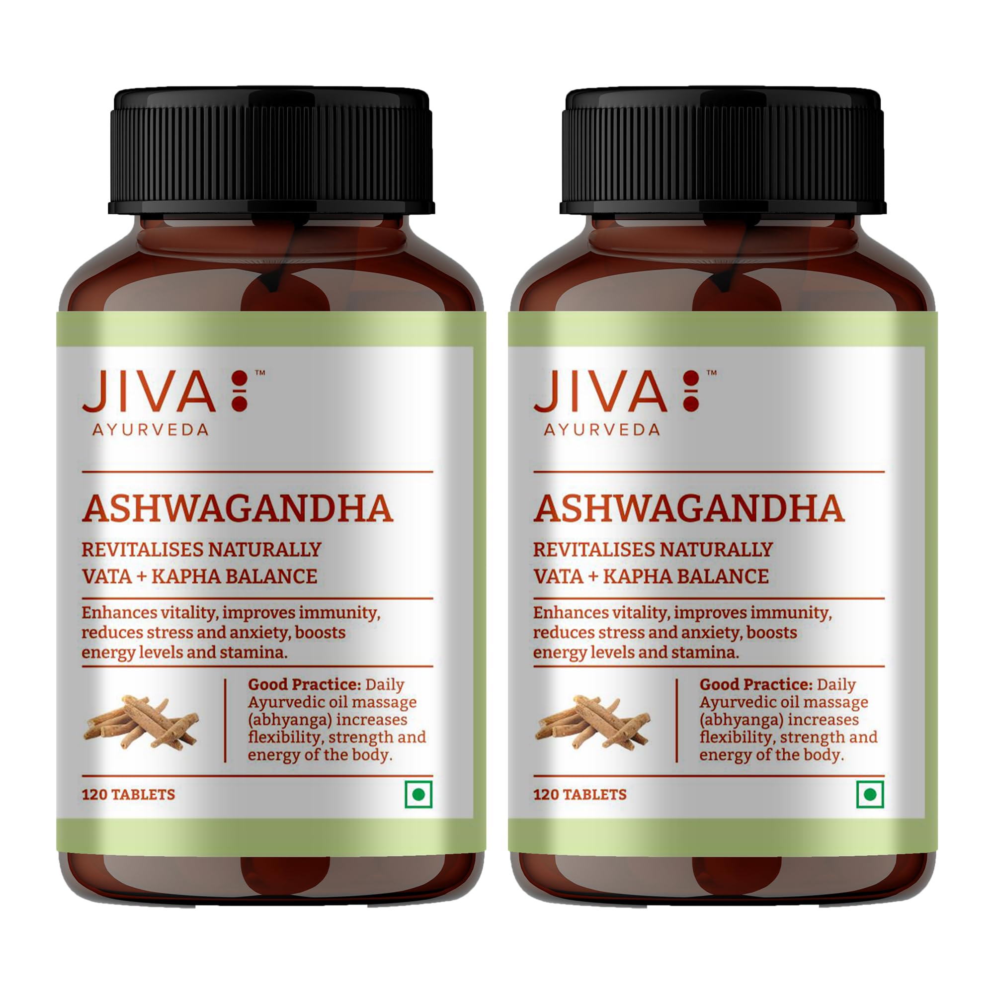 Two bottles of Jiva Ayurveda Ashwagandha Tablets 500 mg