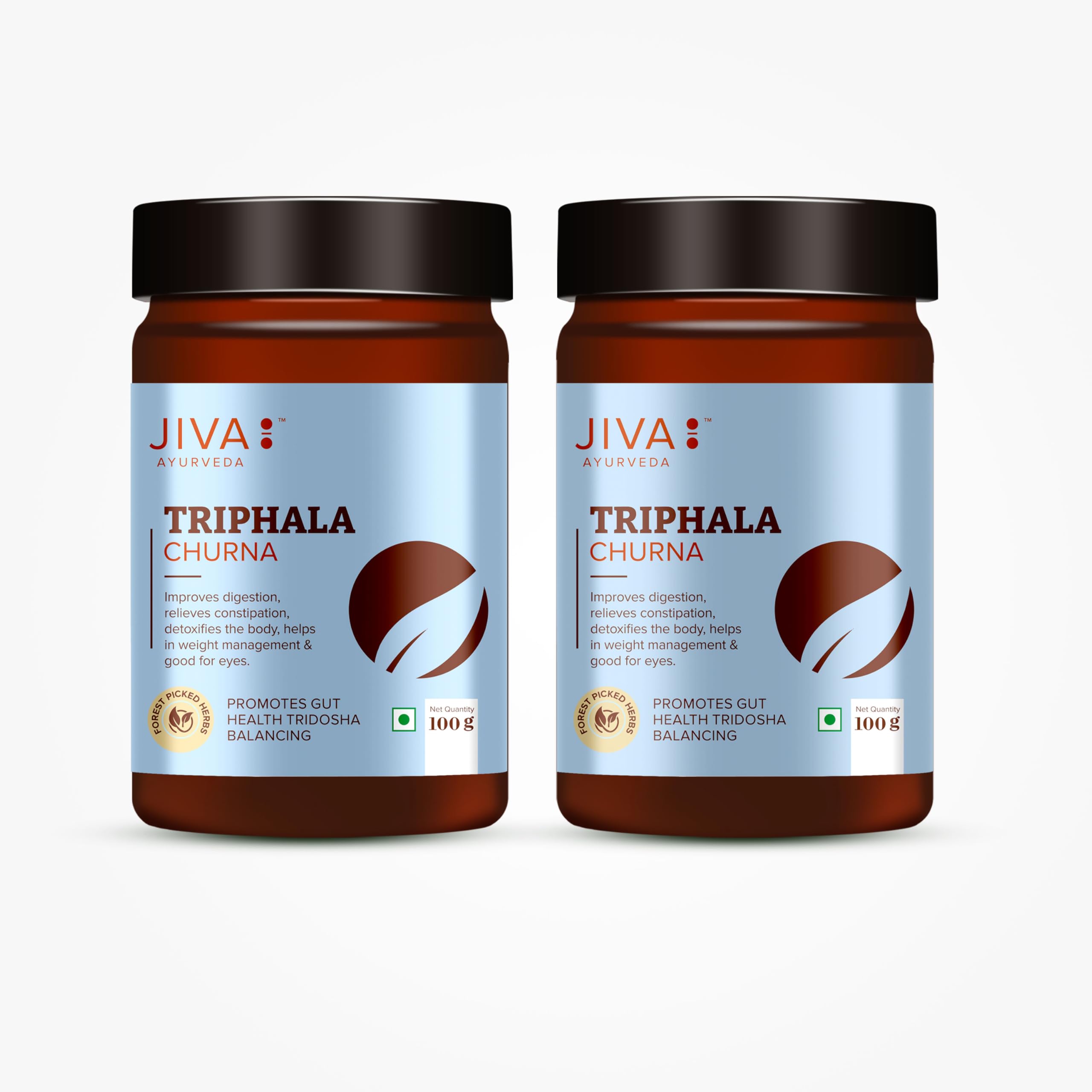 Jiva Triphala Churna powder jar with Harad Amla Bahaida