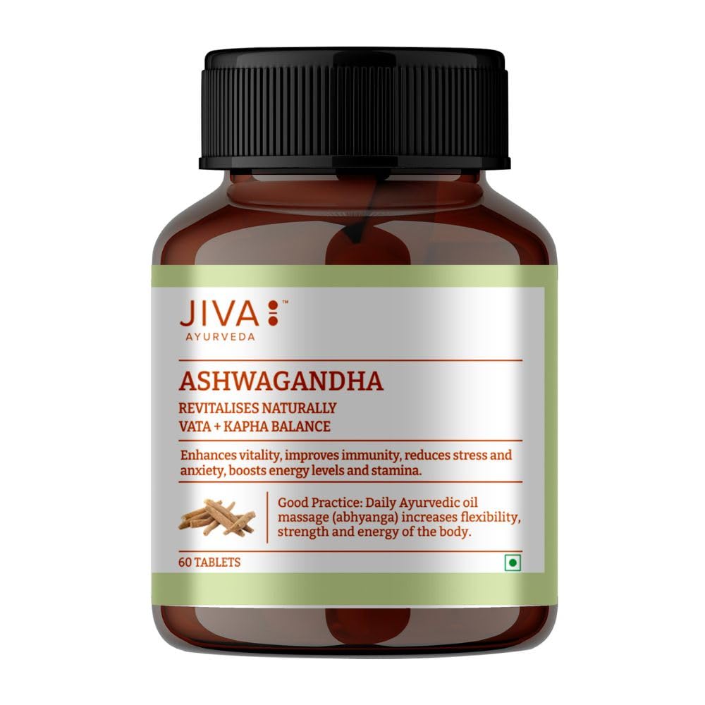 Jiva Ashwagandha Tablet | 100% Ayurvedic Formulation | Boosts Immunity and Energy Level | Strengthens Nervous System, Reduces Stress & Anxiety | Balances Kapha & Vata Doshas | 60 Tablets | Pack of 1