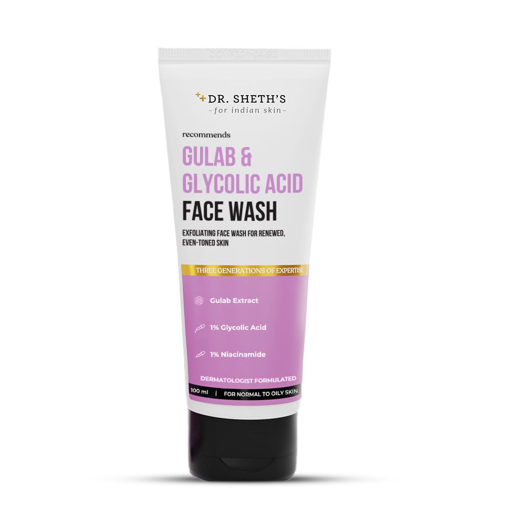 Dr. Sheth's Gulab & 1% Glycolic Acid Face Wash For Normal To Oily Skin | Daily Brightening Face Cleanser for Even Toned Skin | Exfoliating Face Wash for Men & Women | 100ml