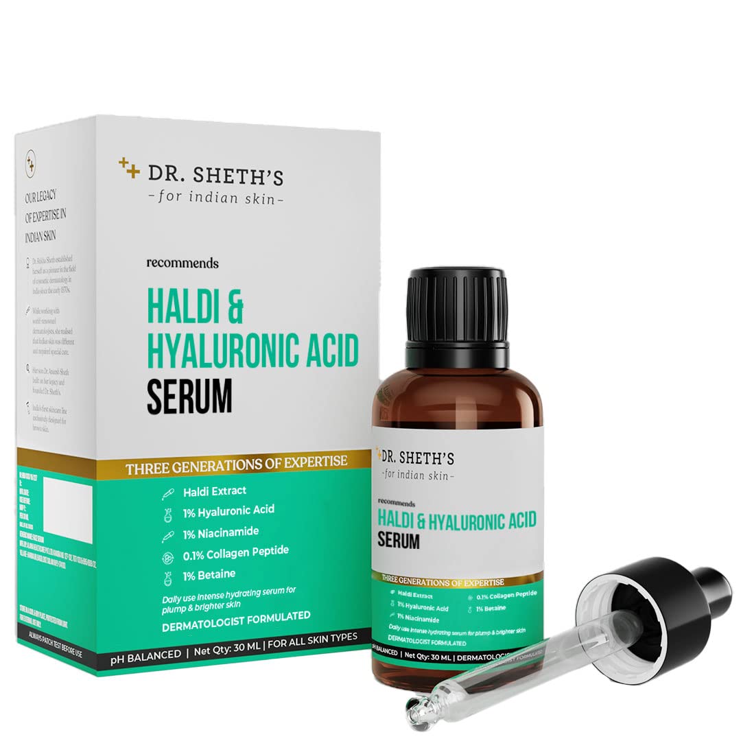 Front view of Dr. Sheth's haldi face serum bottle