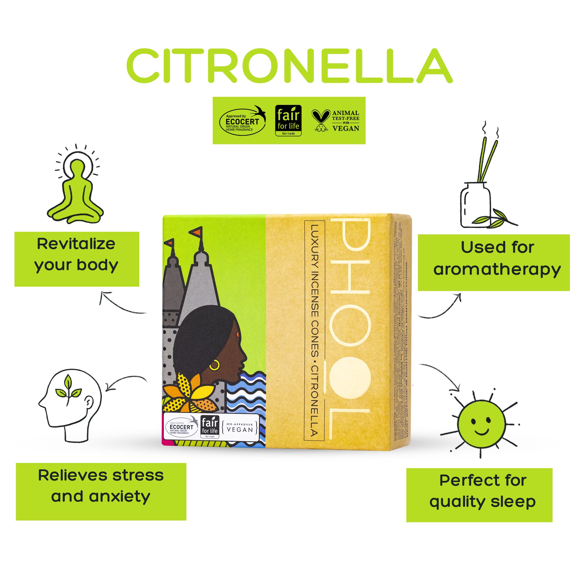 PHOOL LUXURY INCENSE Natural Incense Cones (Bundle Pack Of 4) I Citral Fragrances - Citronella, Eucalyptus, Lemongrass, Orange I 100% Organic Dhoop Cones – view 2