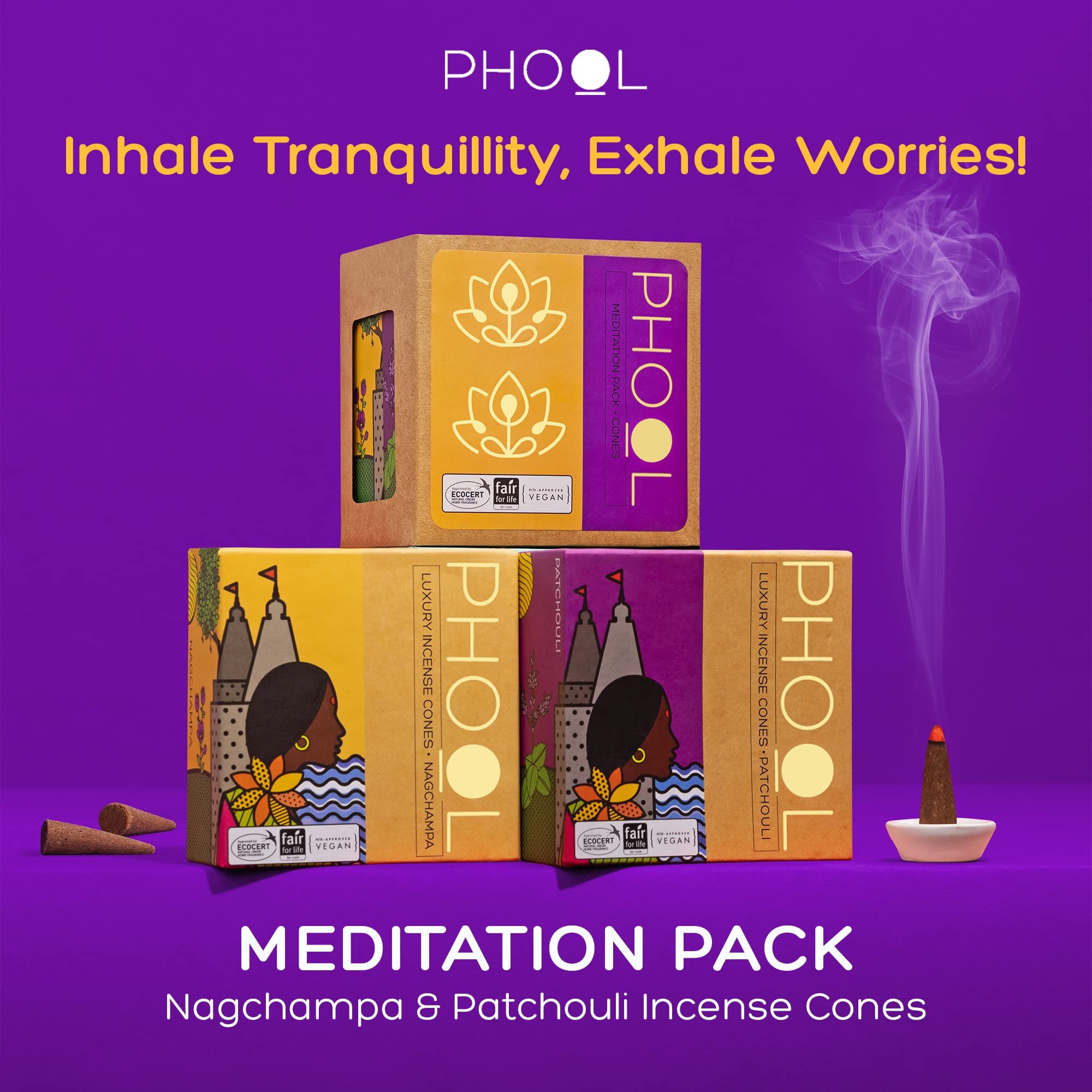PHOOL LUXURY INCENSE Pack Of 2 Natural Incense Cones, Meditation Pack - 80 Organic Dhoop Cones – view 2