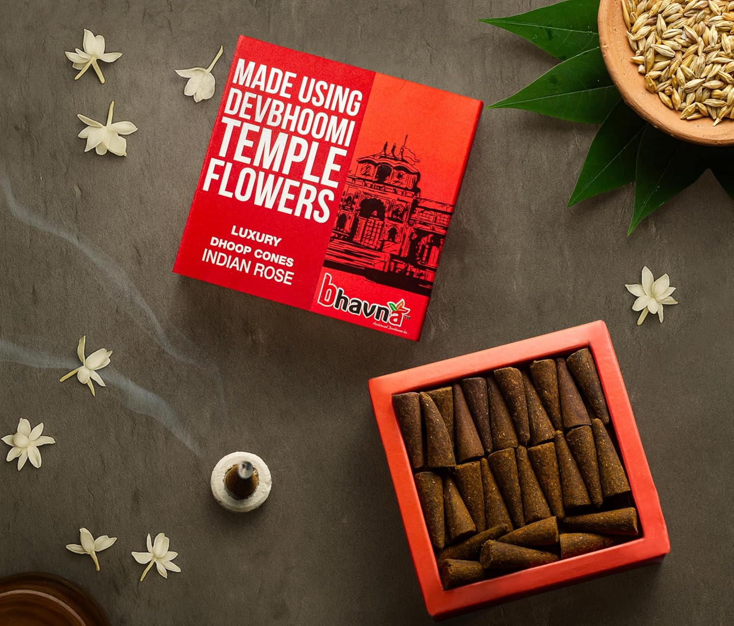 Bhavna Luxury Incense Cones – Indian Rose (Pack of 40) | Soothing Floral Aroma of Purity | Dipped in 100% Natural Essential Oils Devbhoomi Temple Flower | Charcoal & Chemical Free