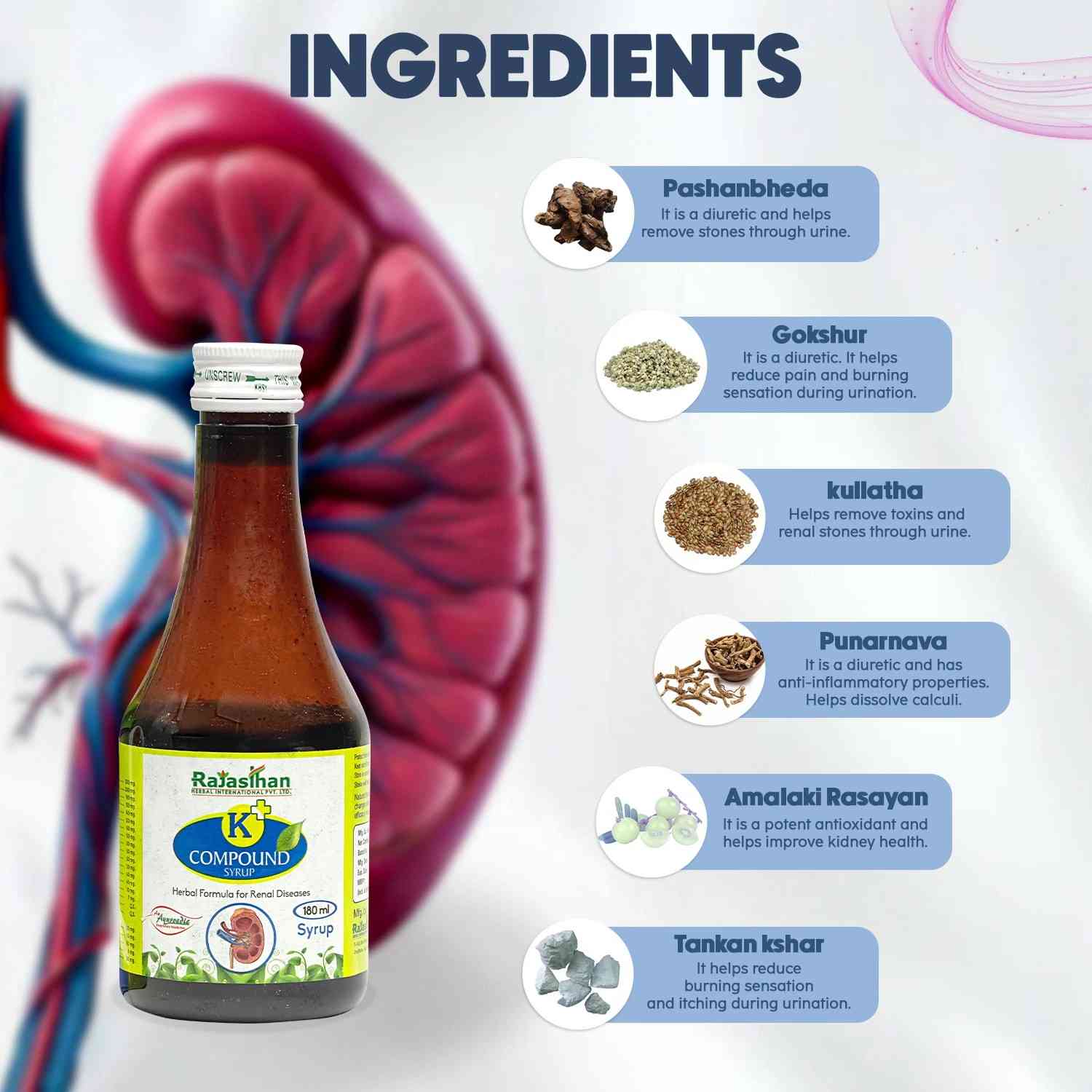 Rajasthan Aushdhalaya K+ Compound Syrup 180ml , Ayurvedic Kidney Stone & Urinary Health Support,  Buy Indian Ayurveda Online USA – Bazaar5.com – view 4