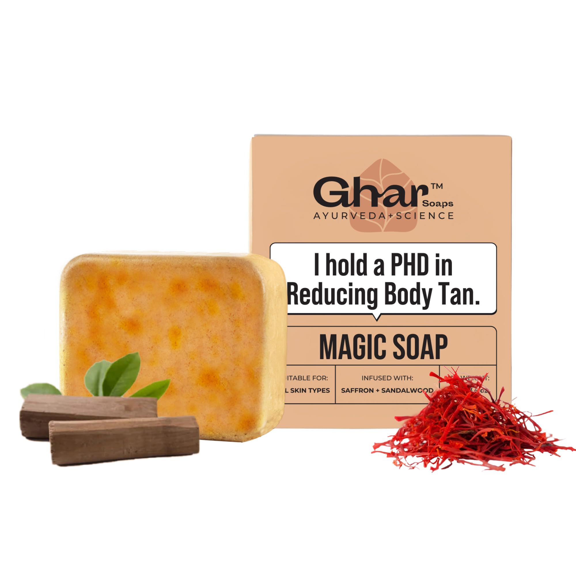 Handmade sandalwood saffron soap bar in GHAR SOAPS packaging