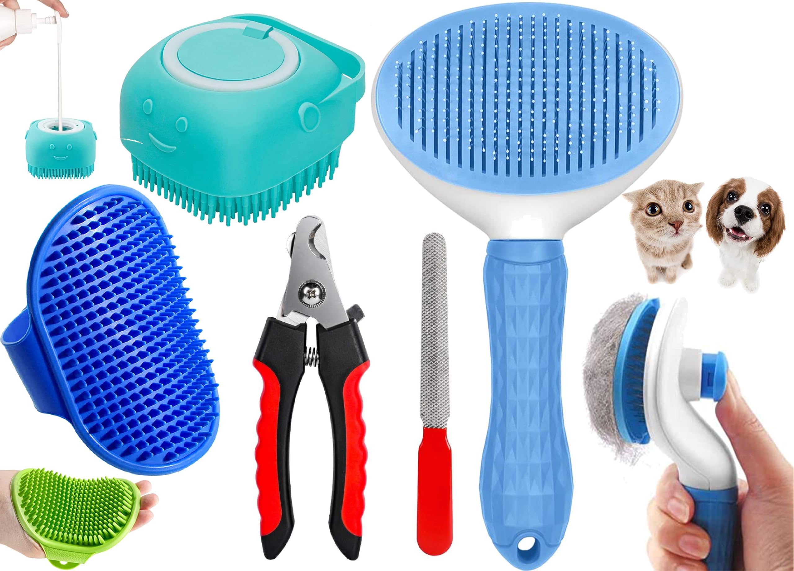 Pet grooming kit showing self-cleaning brush, scrubbers, and nail clippers