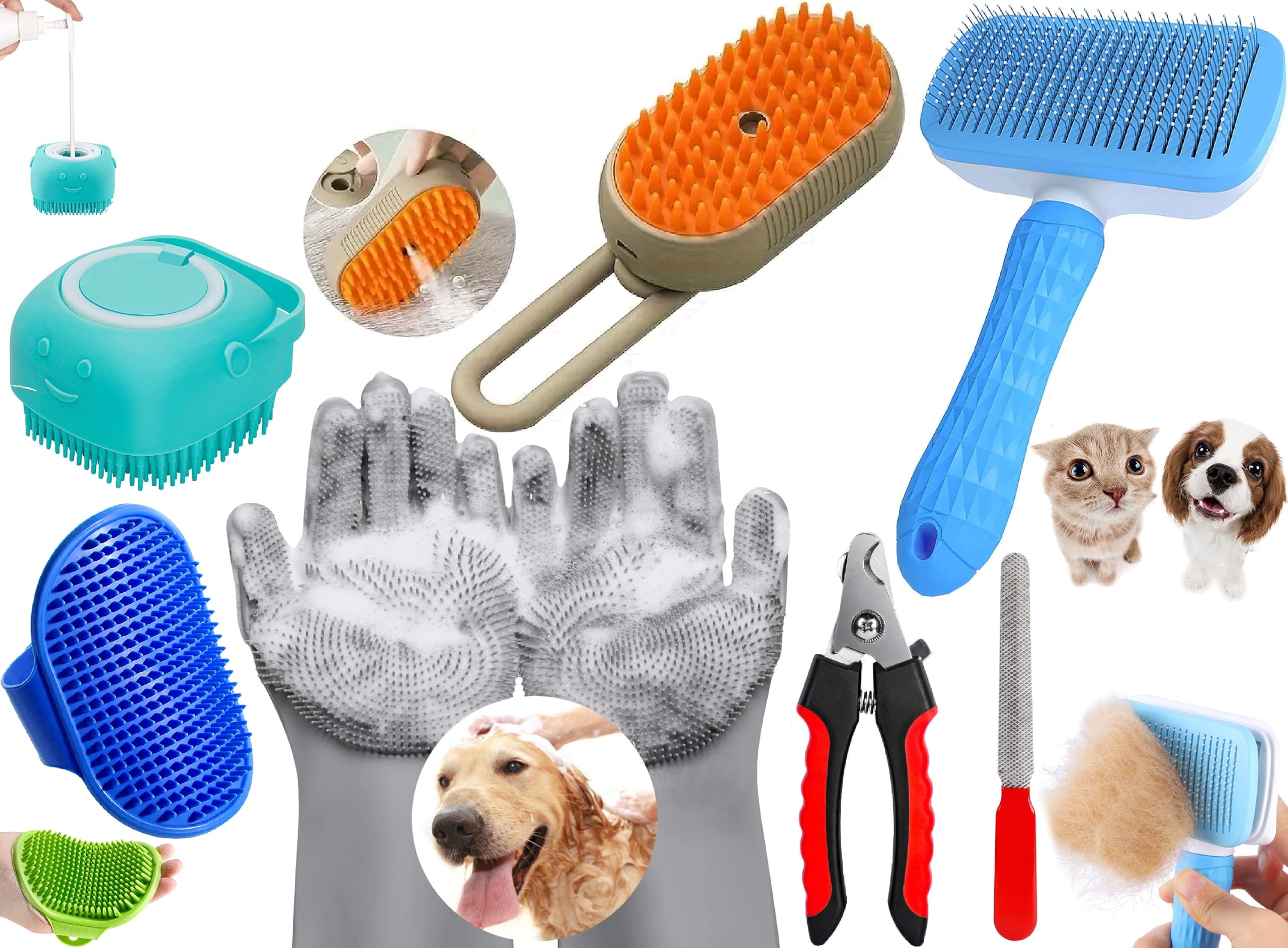 Pet grooming combo with bath brush, glove, slicker, clipper and file