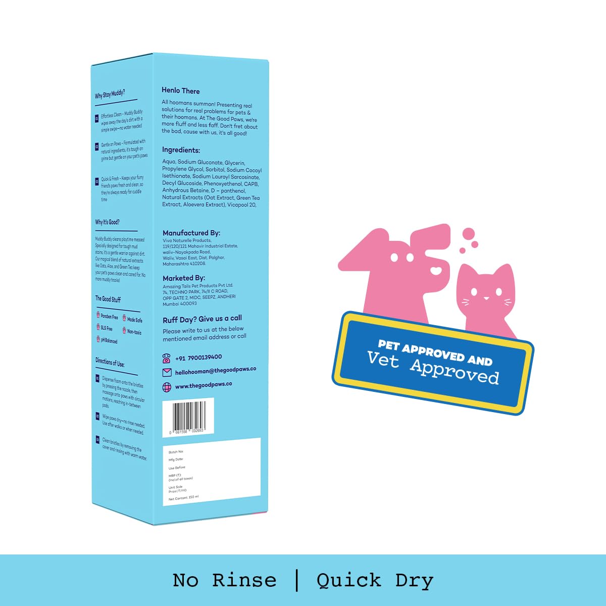 The Good Paws Muddy Buddy Paw Cleaner for Dogs & Cats, No Rinse Foaming Cleanser, Quick Dry, Lick Safe, Allergen Free, Protects & Moisturizes, Freshens & Softens, Oat Extract, 150 ml x 2 – view 3