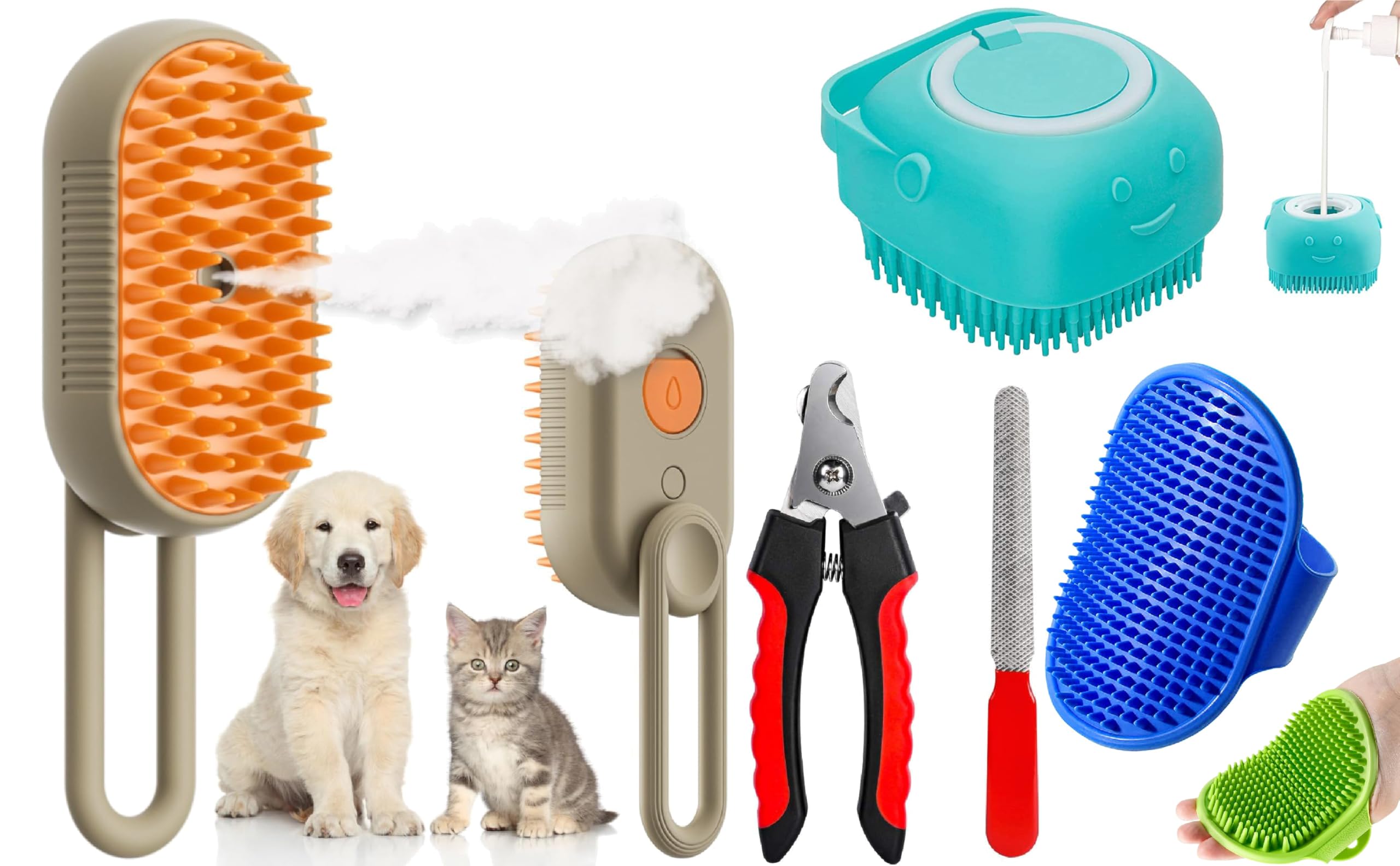 Four-piece dog and cat grooming kit with silicone and rubber tools