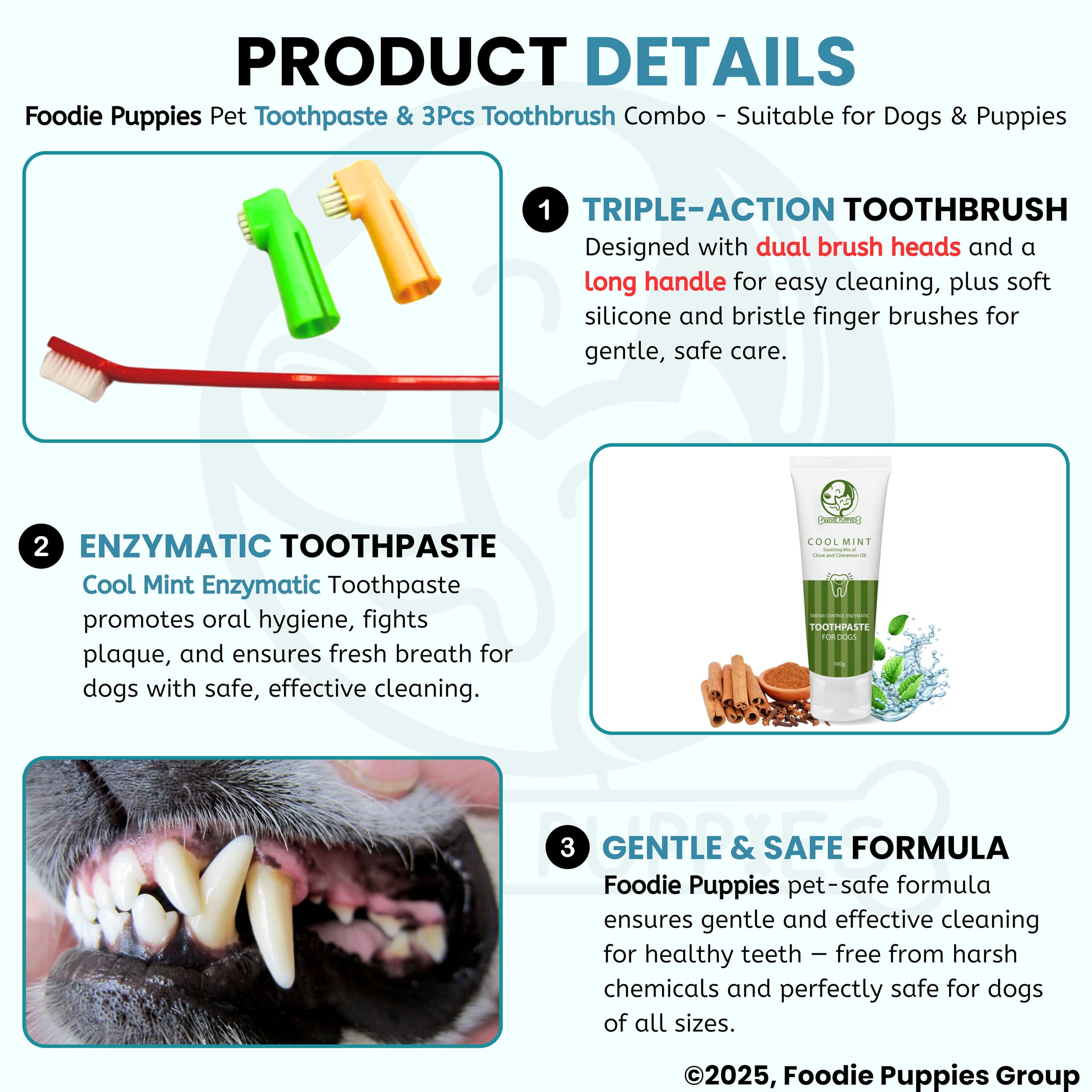 Foodie Puppies Pet Dental Oral Care Kit Combo - (Coolmint Toothpaste - 100g + 3Pcs Toothbrush) for Dogs – view 3