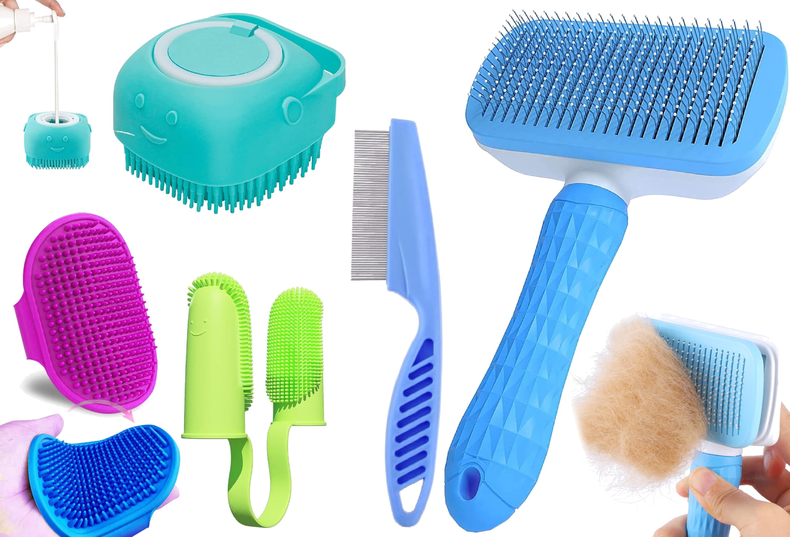 Silicone pet bath and grooming brush set with comb tools
