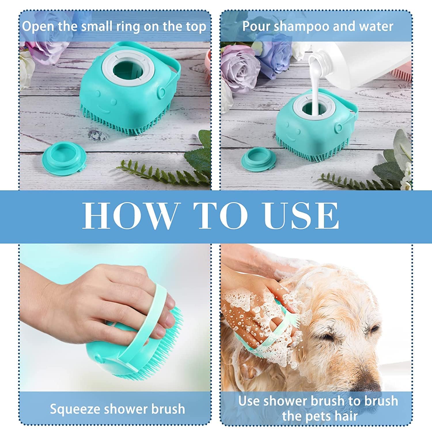 5 Pcs Self Cleaning Slicker Shedding Brush Pet Bath Massage Brush With Soap & Shampoo Dispenser Soft Silicone Bristle Finger Toothbrush & Stainless Steel Comb For Long Short Haired Dogs Cats Shower Bathing – view 4