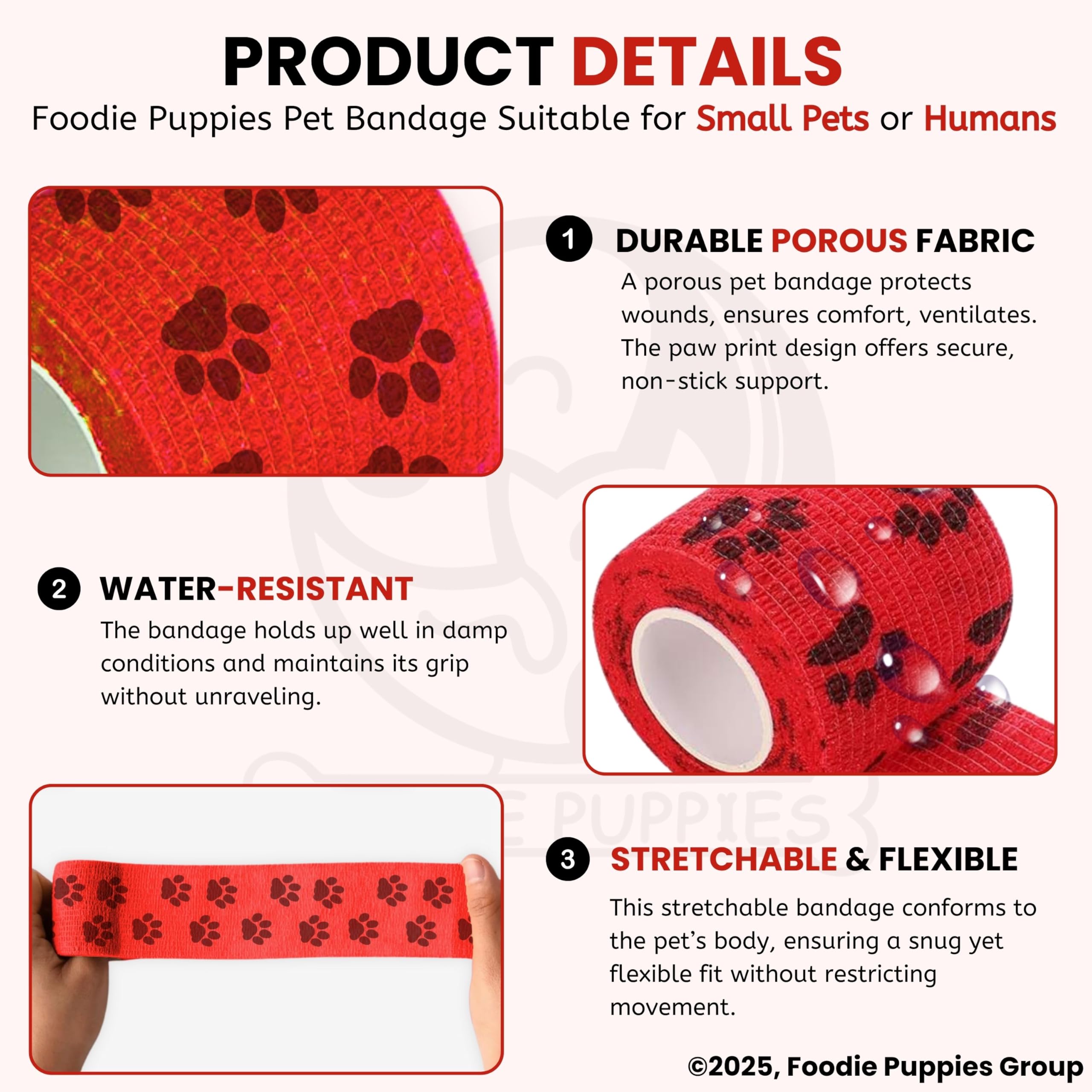 Foodie Puppies 2-Inch Self-Adhesive Kinesiology Pet Bandages - (2 Rolls, Small, 1.8M Each) – view 3