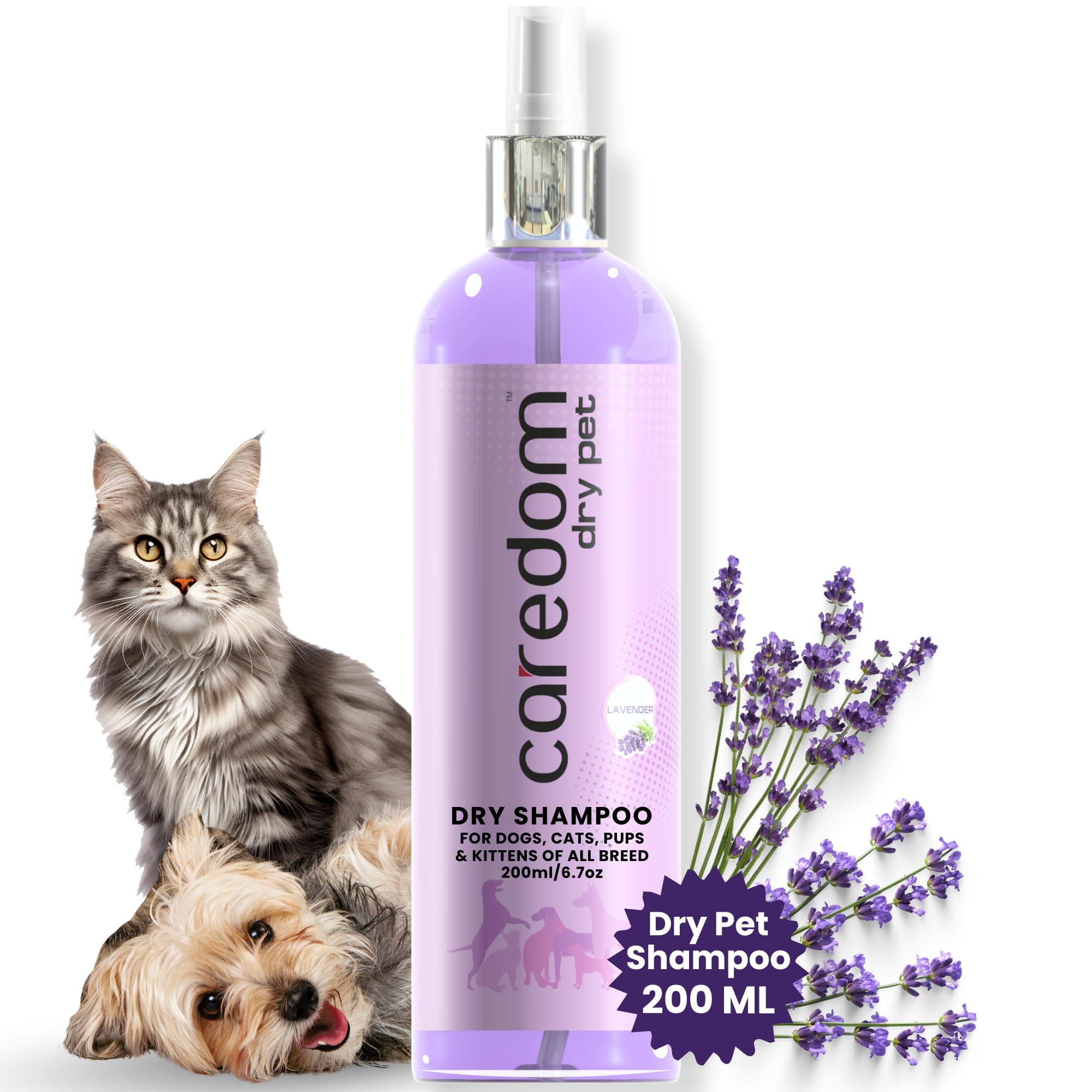 Lavender waterless pet shampoo spray for dogs, cats, puppies, and kittens