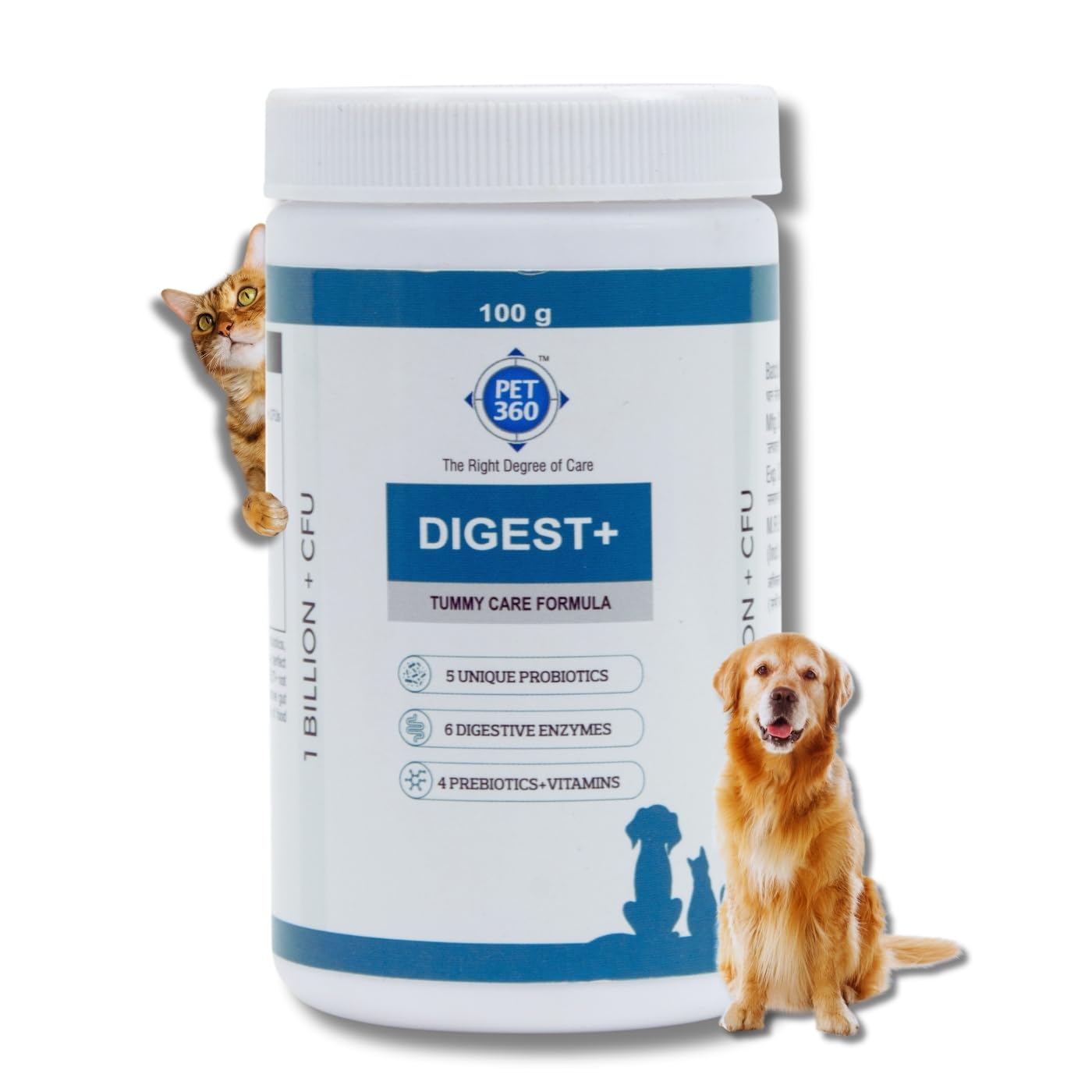 PET360 Digest+ pet gut health powder container with scoop