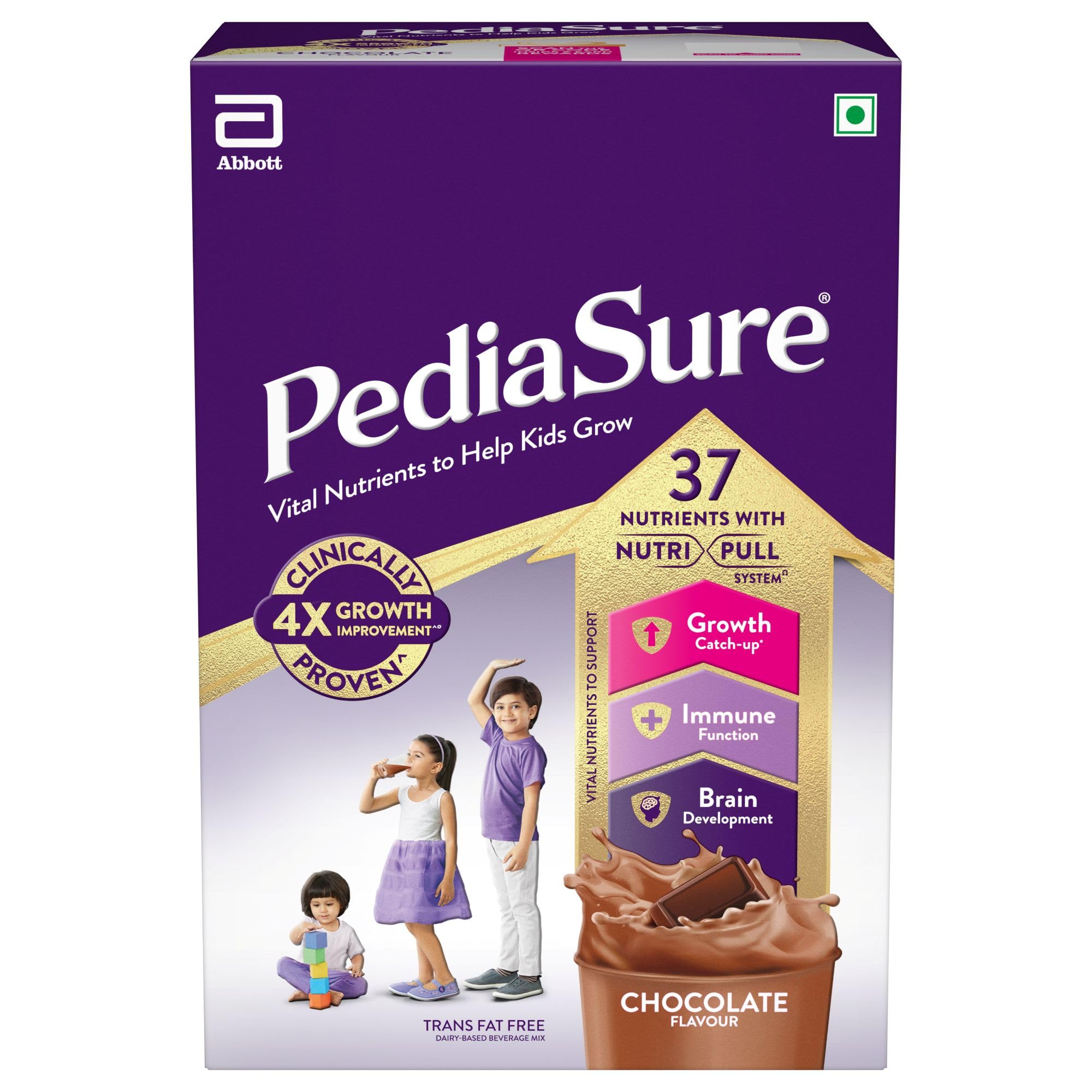 Front of PediaSure chocolate powder box for kids, 950 g