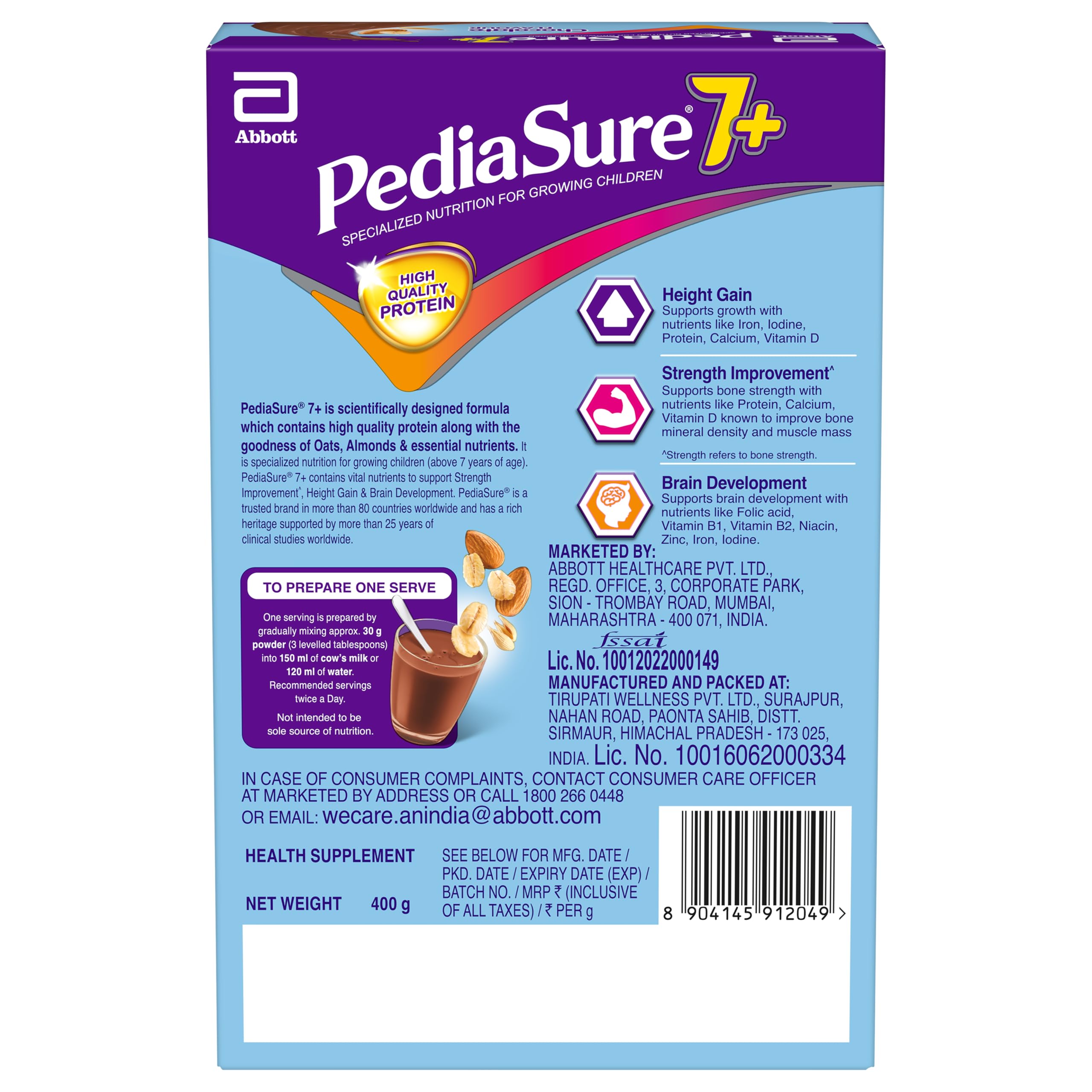 PediaSure 7+ Specialized Nutrition Drink Powder 400 Grams,Premium Chocolate Flavour With Oats & Almonds,For Growing Children,Supports Height Gain,Muscle Strength &Brain Development,1 Count – view 6