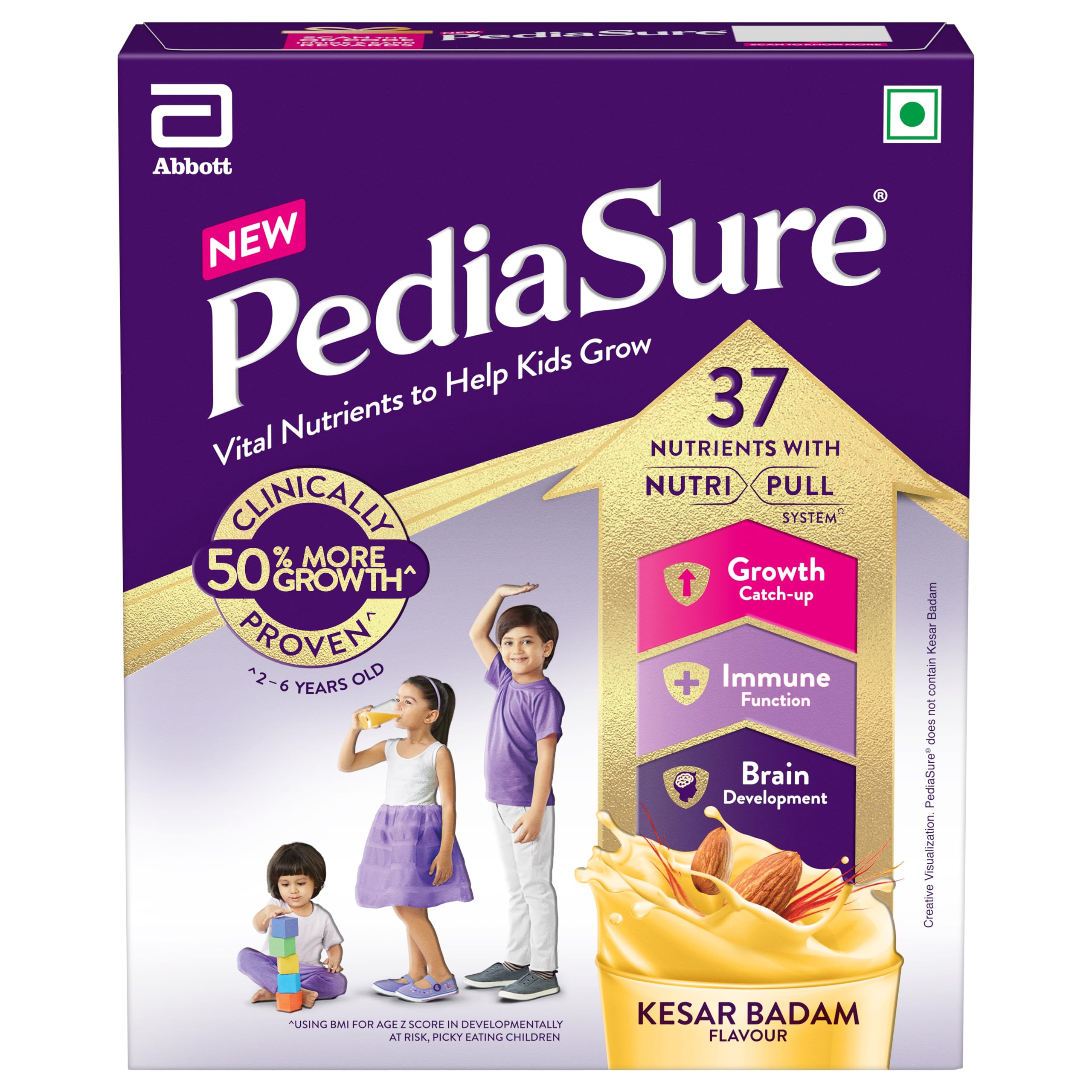 Front of PediaSure Kesar Badam nutrition powder 200g box
