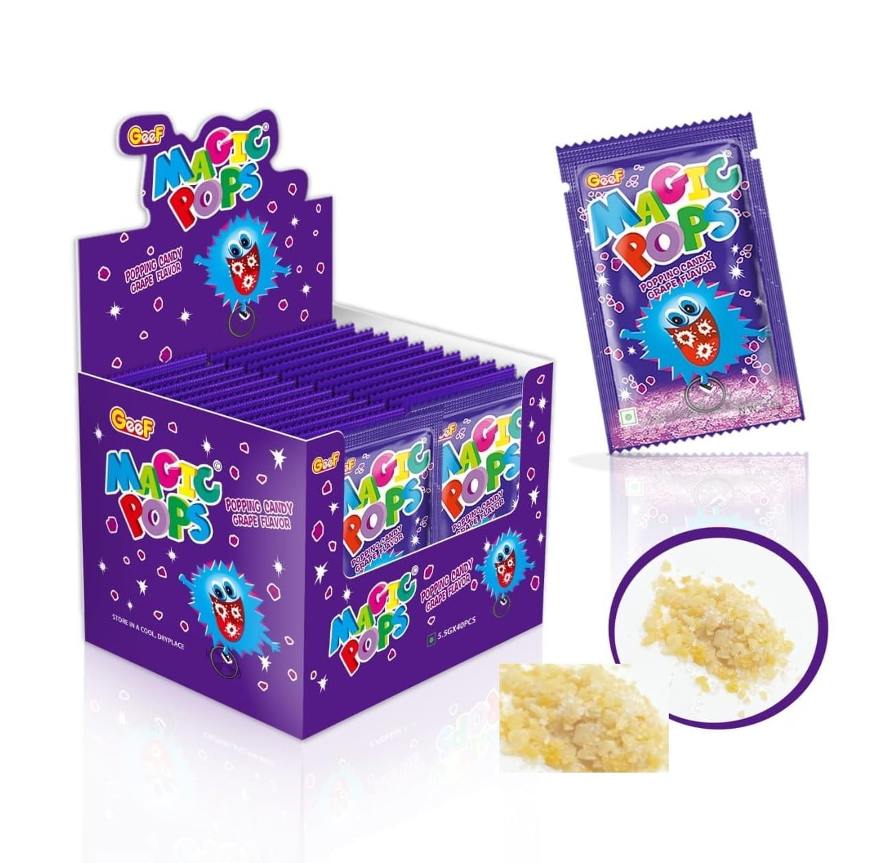 Geef Magic Pops Popping Candy Grape Flavor – Crackling Fizzy Candy Pack 5.5g x 40 Sachets (Imported)