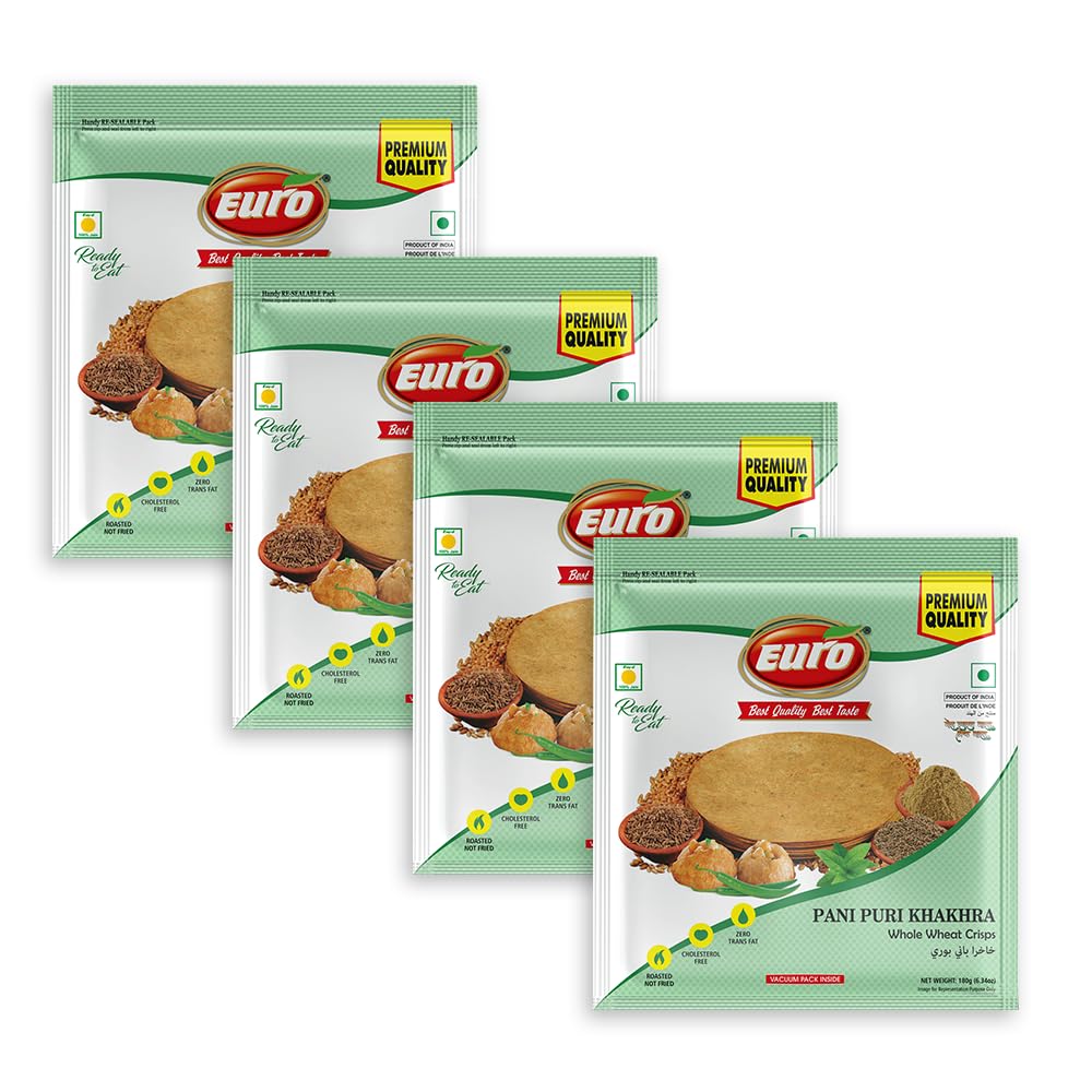 Euro Pani Puri Khakhra 180Gm Pack Of 4 |Roasted Not Fried | Cholesterol Free | Zero Transfat |Vacuum-Sealed for Freshness | Authentic Gujarati Snack, Ideal for Tea Time Healthy Millet Khakhra Options