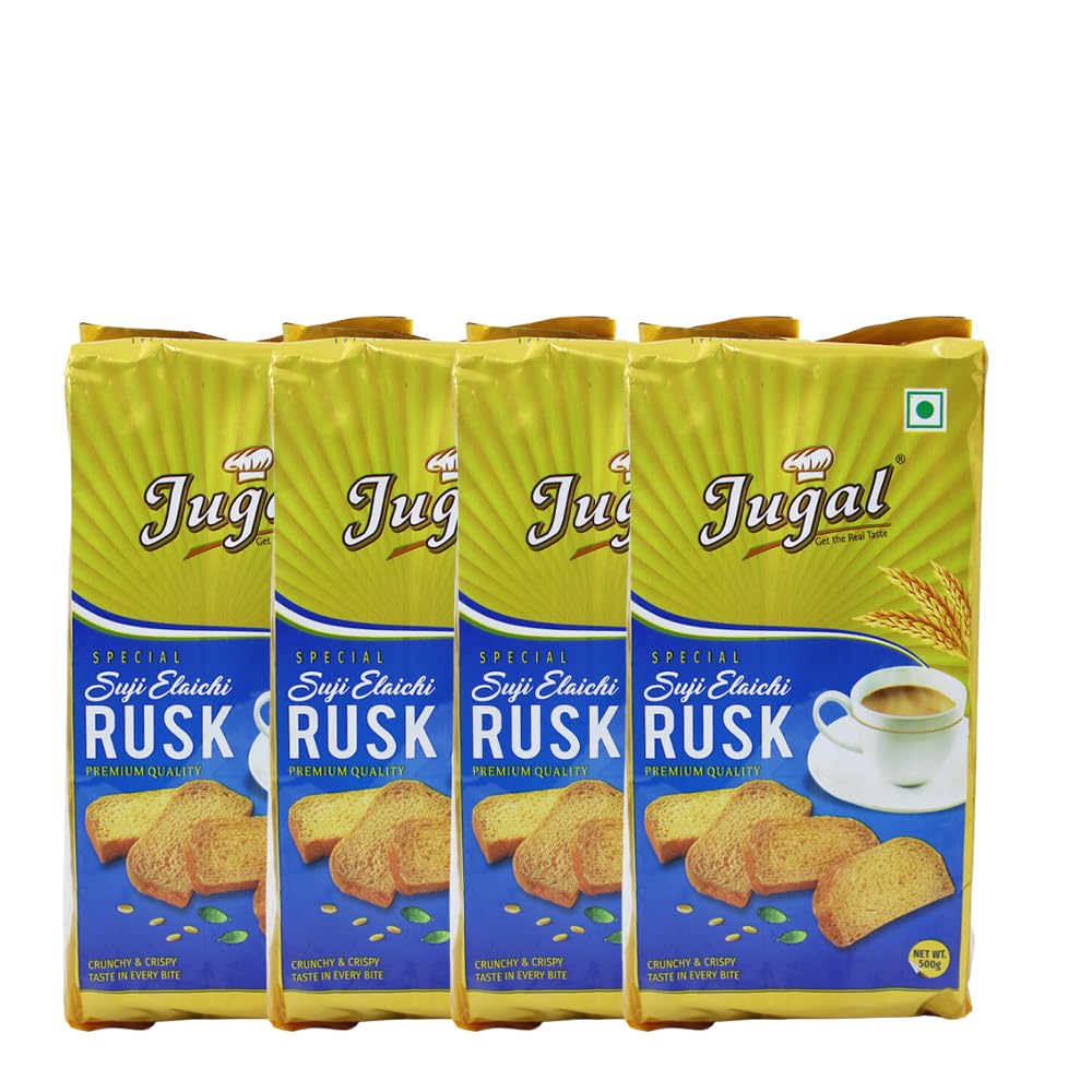 Jugal Bakers Suji Elaichi Rusks (Pack of 4, 500gm Each) Healthy Evening Snacks, Cardamom Sooji Baked Rusk, Digestive Biscuits, Ready to Eat Breakfast, Tea Toasts