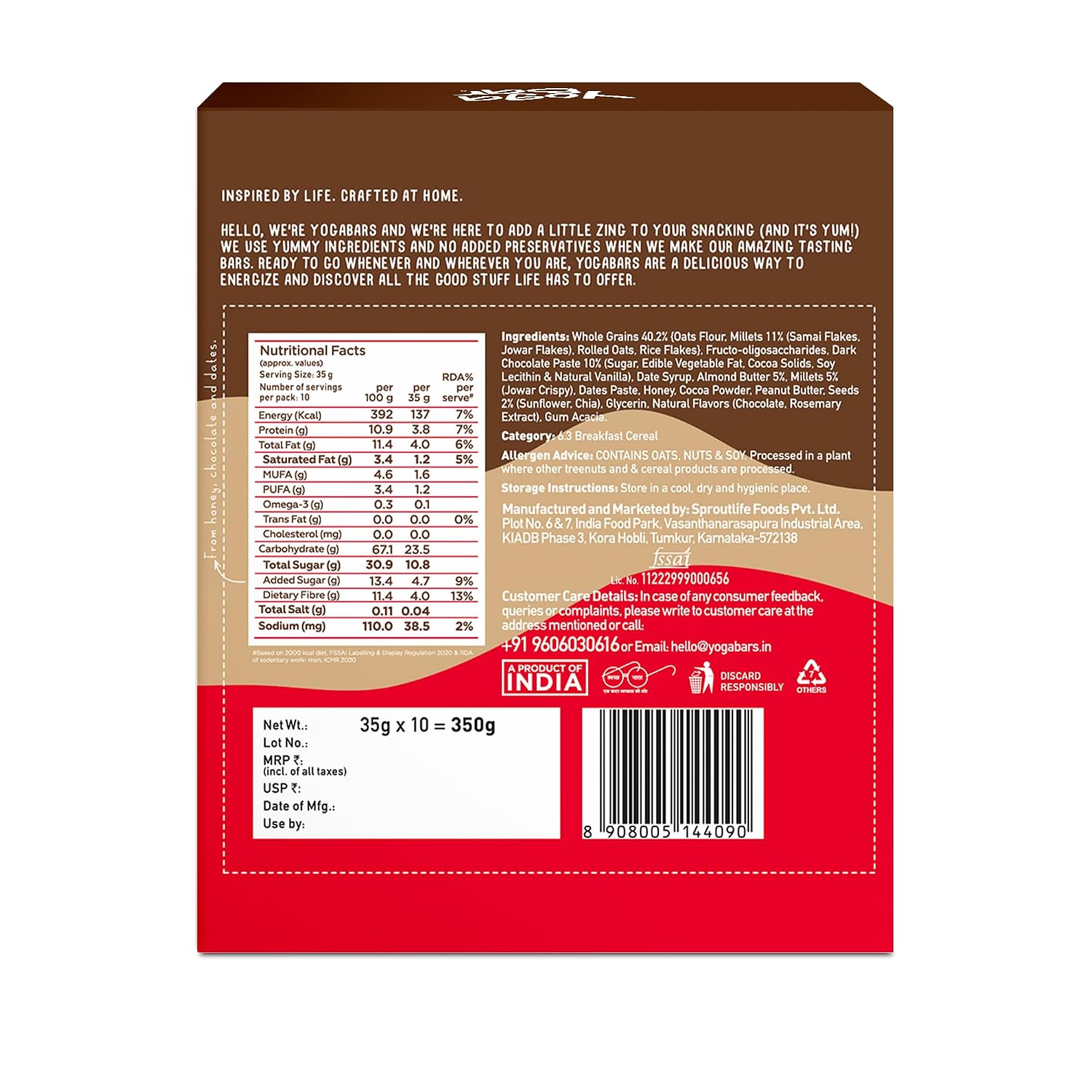 Yogabar Chocolate Chunk Multigrain Energy Bars, Pack of 10 – view 2