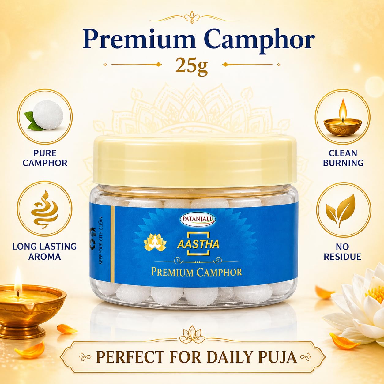 Patanjali Aastha Premium Camphor Tablets for Puja, Havan & Aromatherapy, 25 g Each, Pack of 6 – view 3