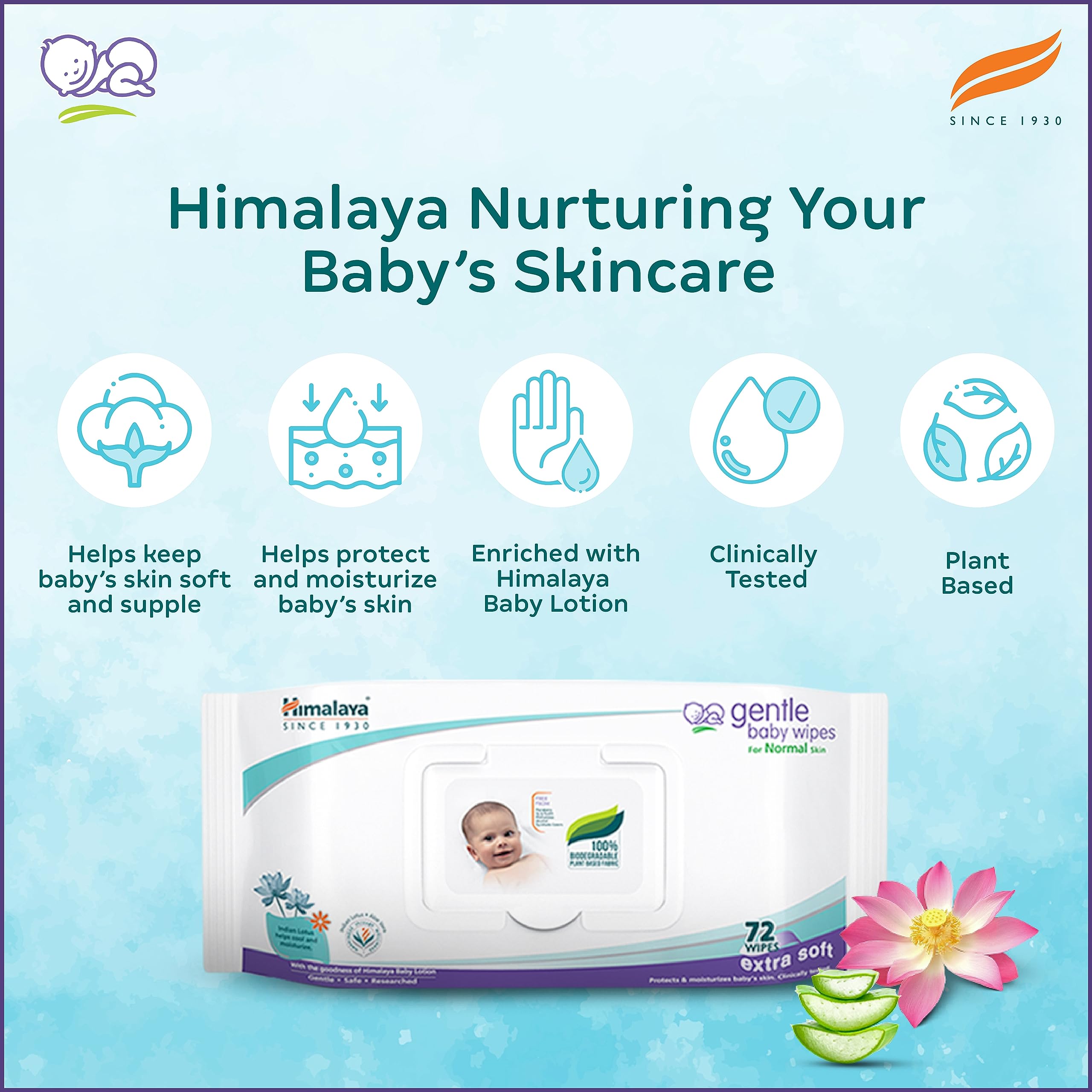 Himalaya Gentle Baby Wipes, 72 Wipes,White – view 3
