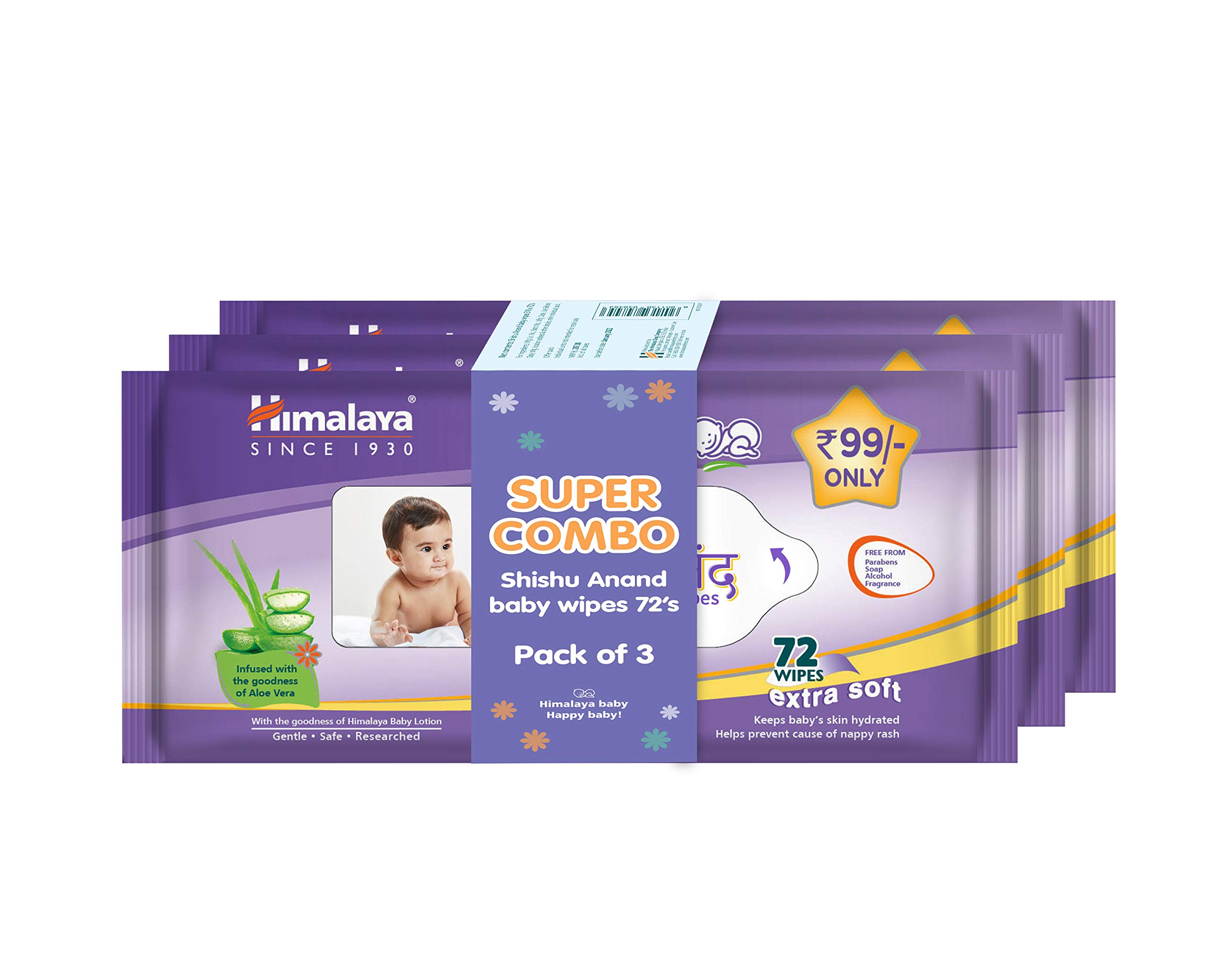 Three-pack of Himalaya baby wipes with aloe vera and licorice