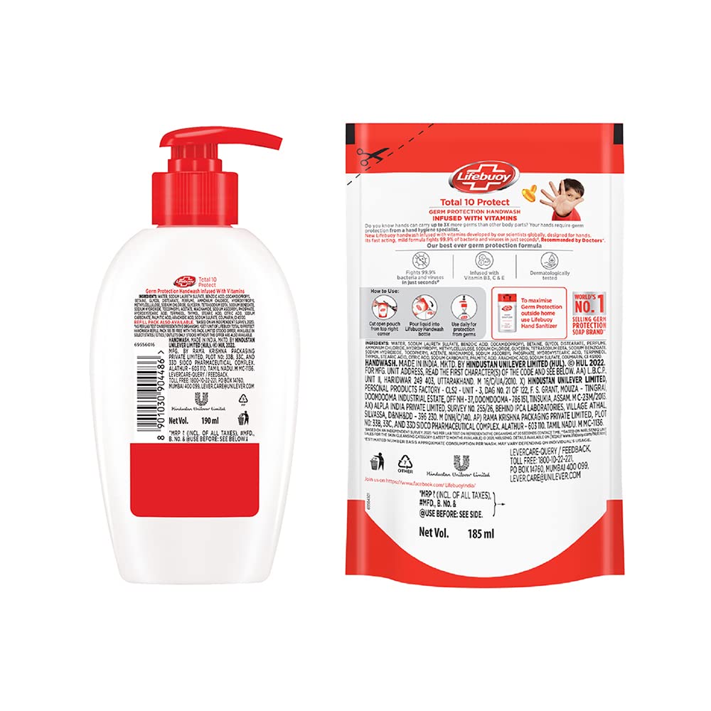 Lifebuoy Total 10 Germ Protection Liquid Handwash, Fights Bacteria & Viruses, Maintains Hand Hygiene, 190 ml With Refill Pouch 185 ml Free – view 5