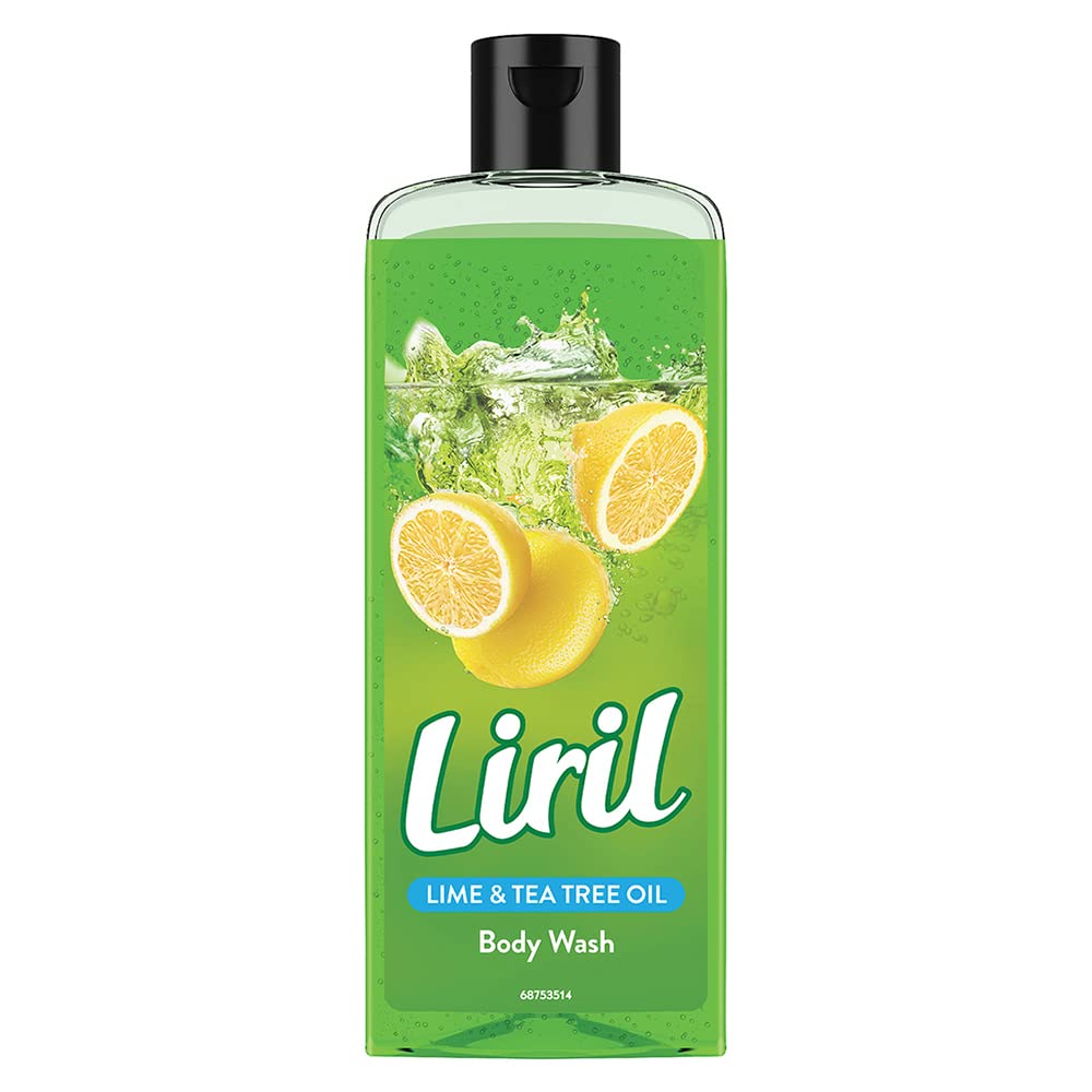 Front view of Liril lemon tea tree body wash bottle