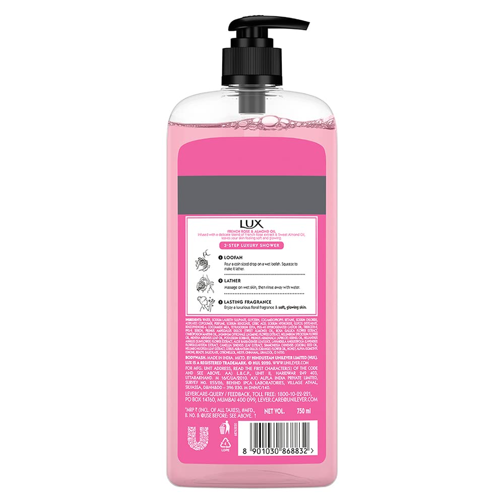 Lux Body Wash Soft Skin French Rose & Almond Oil Super Saver XL Pump Bottle with Long Lasting Fragrance, Glycerine, Paraben Free, Extra Foam, 750 ml – view 2