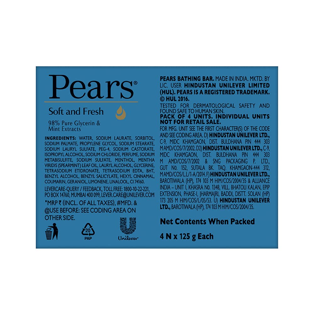 Pears Soft and Fresh Soap Bar (Combo Pack of 4) - With Glycerin and Mint for Soft Skin & Body, Paraben-Free Body Soaps For Bath Ideal for Men & Women – view 2