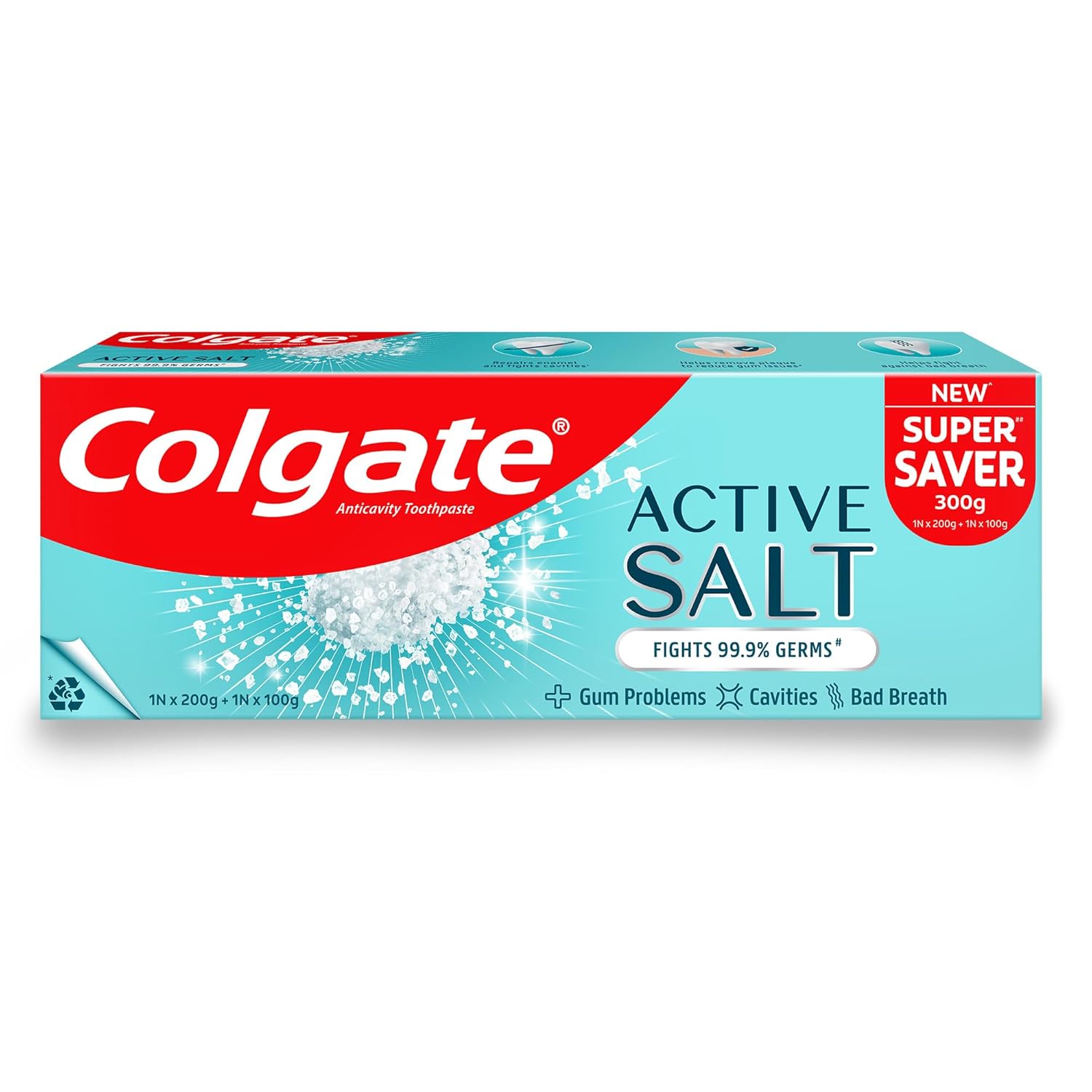 Colgate Active Salt Toothpaste, Germ Fighting Toothpaste for Healthy Gums and Teeth, Tooth Decay Prevention, Gum Protection, Eliminates Bad Breath, Plaque Removal (300g/200g X 1 and 100g X 1)