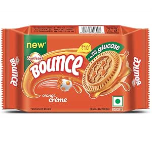 Sunfeast Bounce orange cream biscuit pouch front packaging view