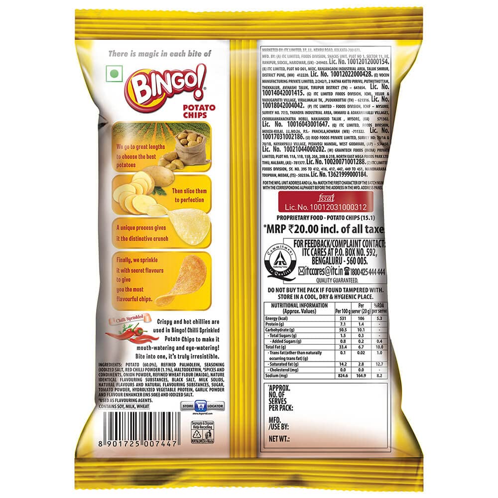 Bingo! Original Style Chilli Sprinkled - Flat Cut Spicy Potato Chips Pack for Snacks – 45g – view 2