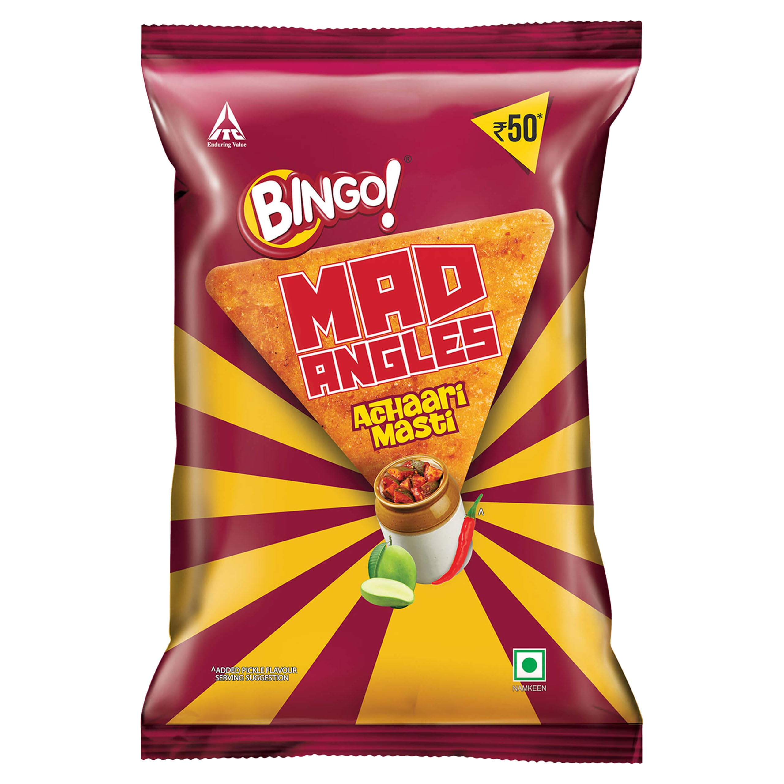 Bingo! Mad Angles Achaari Masti – Mango Pickle Flavour Crunchy Triangle Chips Pack - 130 g – view 1